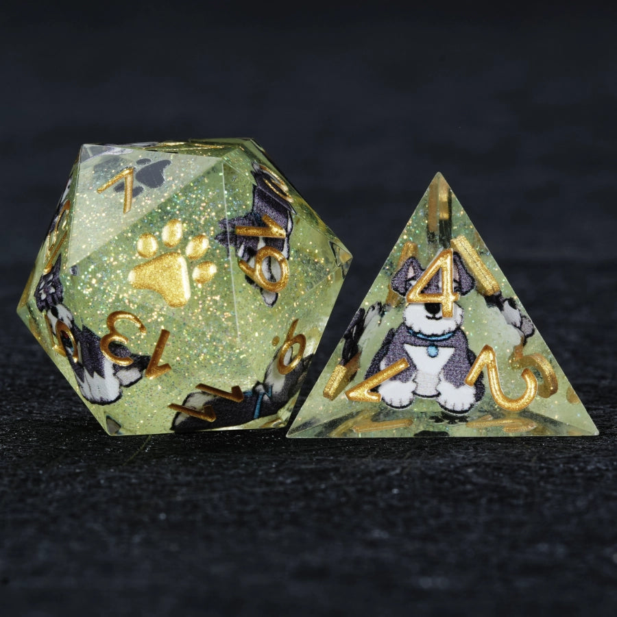 Kickstarter Dice – Green Glitter Resin Schnauzer DND D20 and D4 Dice with Sharp Edges | Bear Dice