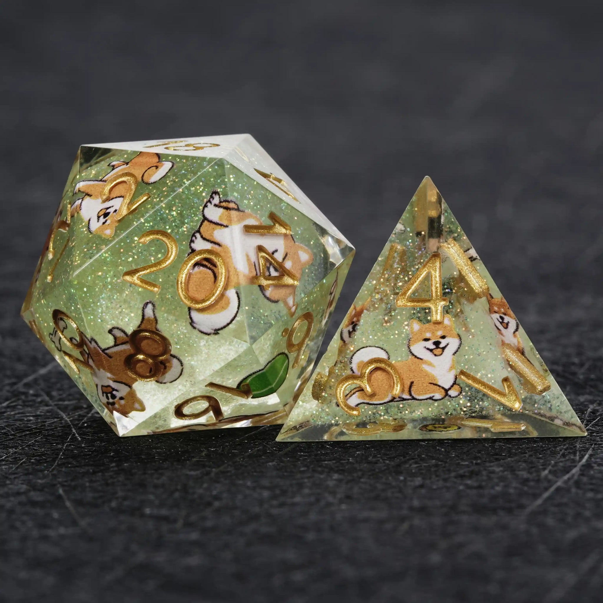 Kickstarter Dice – Green Glitter Resin Shiba Inu DND D20 and D4 Dice | Bear Dice