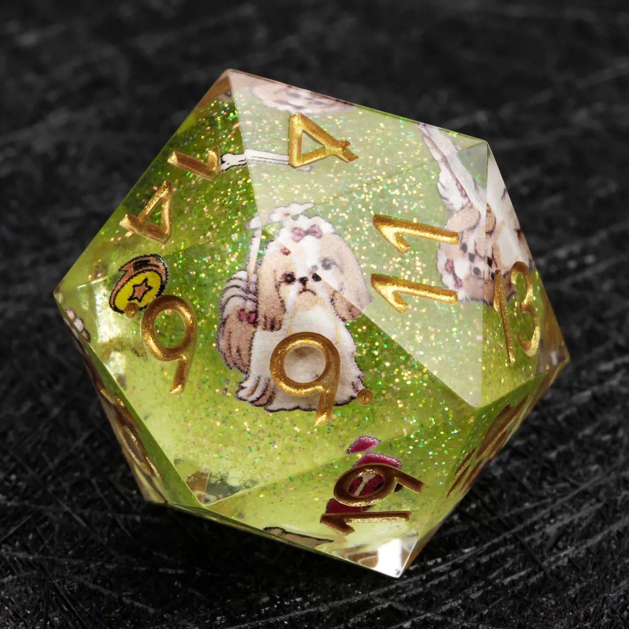 Kickstarter Dice – Green Glitter Resin Shih Tzu DND D20 Dice with Gold Numbers | Bear Dice