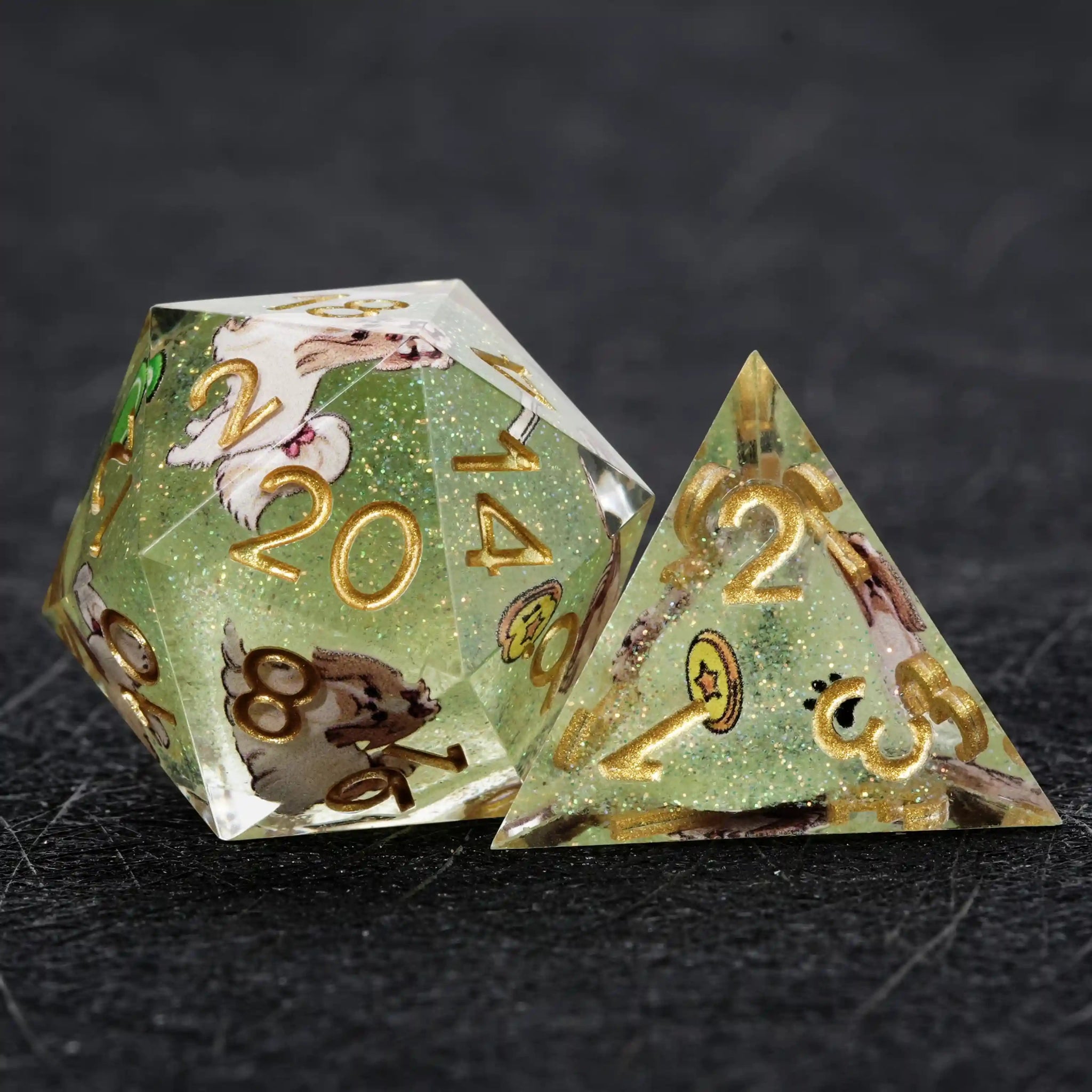 Kickstarter Dice – Green Glitter Resin Shih Tzu DND D20 and D4 Dice | Bear Dice