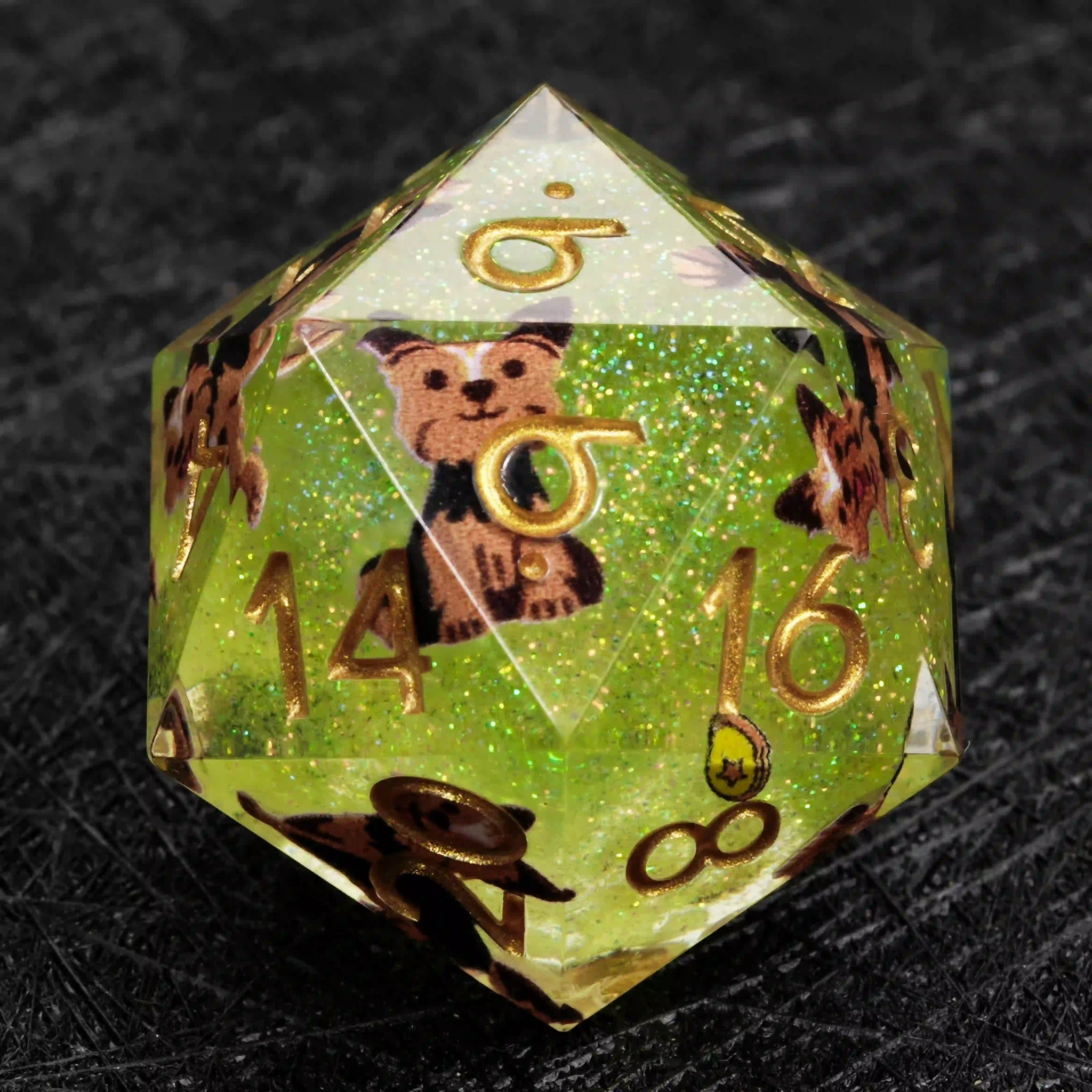 Kickstarter Dice – Green Glitter Resin Yorkshire DND D20 Dice with Gold Numbers | Bear Dice