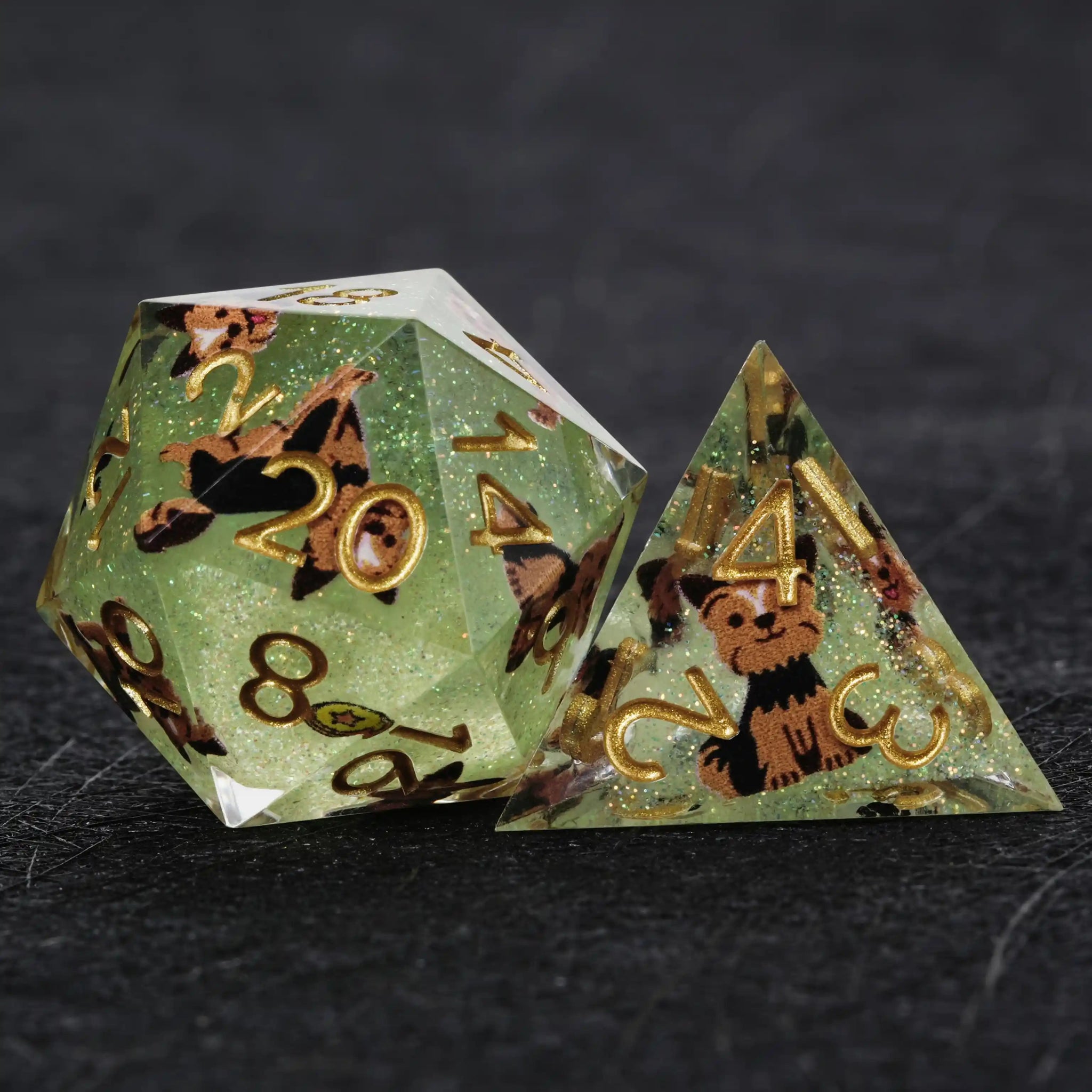 Kickstarter Dice – Green Glitter Resin Yorkshire DND D20 and D4 Dice | Bear Dice