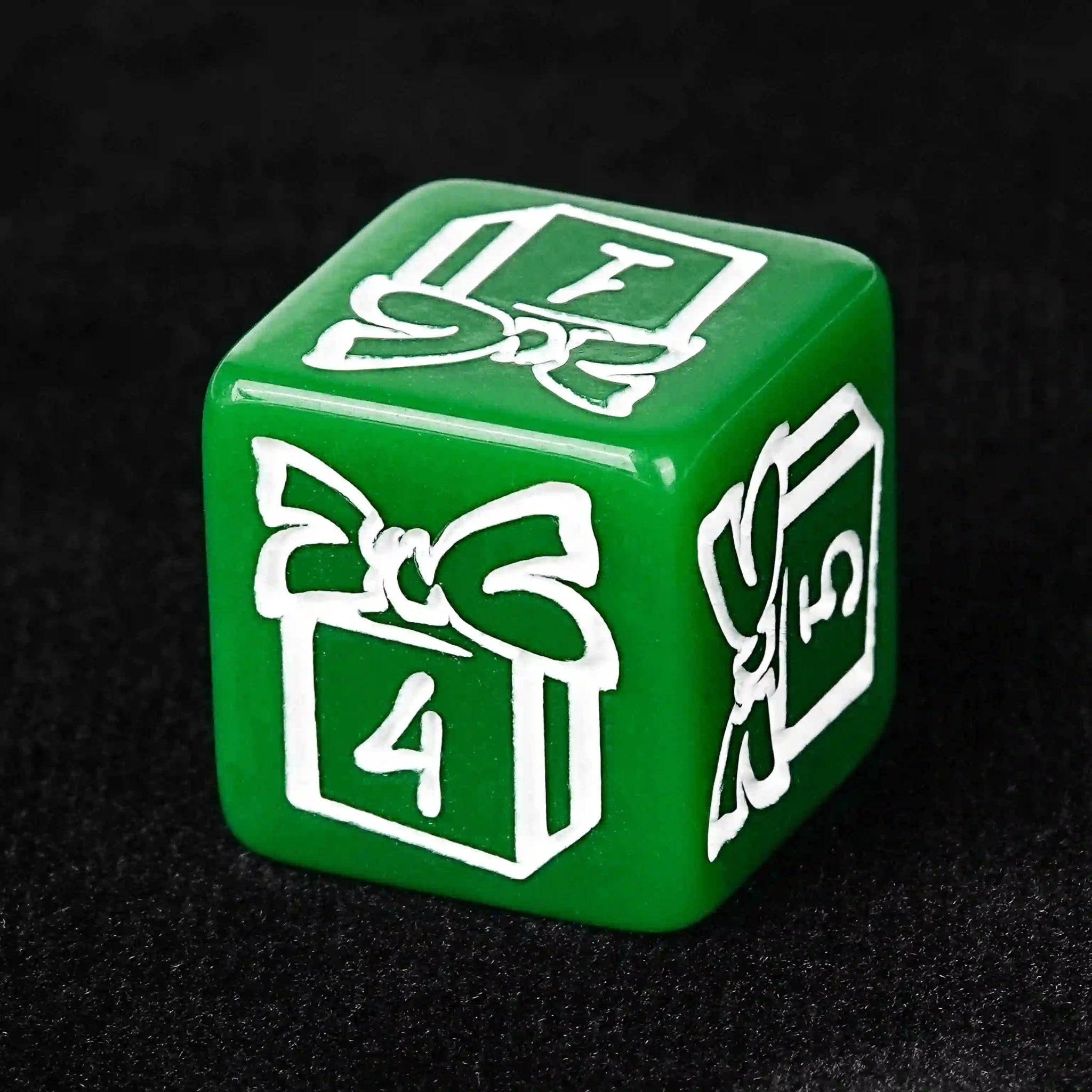 Christmas gift: Green acrylic Christmas DND D6 dice with a white Christmas gift box engraving | Bear Dice