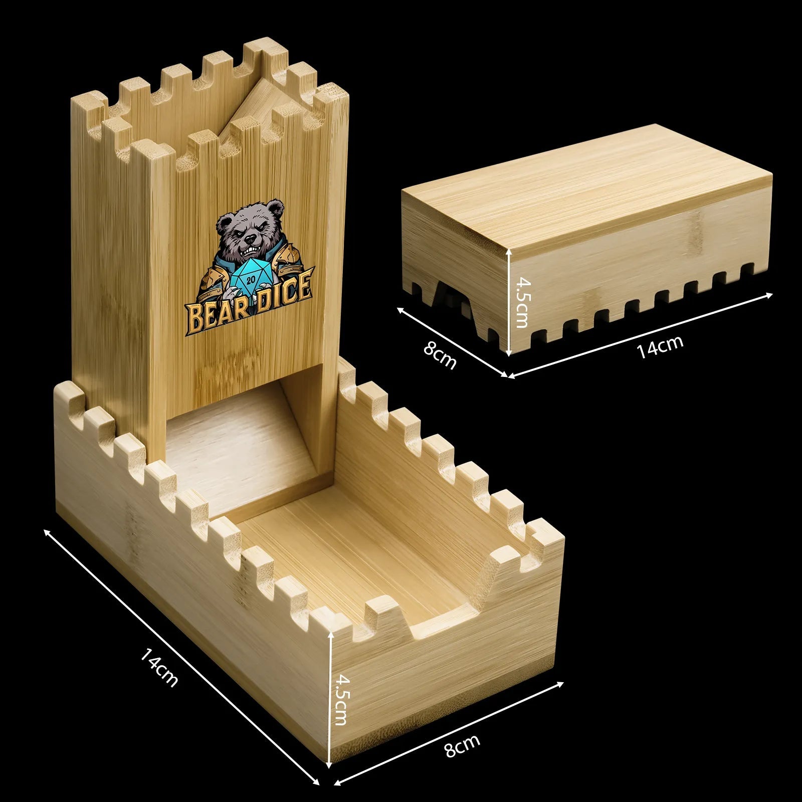 Hand-polished wooden foldable DND dice tower with the Bear Dice logo. The dice tray measures 14 cm long, 8 cm wide, and 4.5 cm high. | Bear Dice