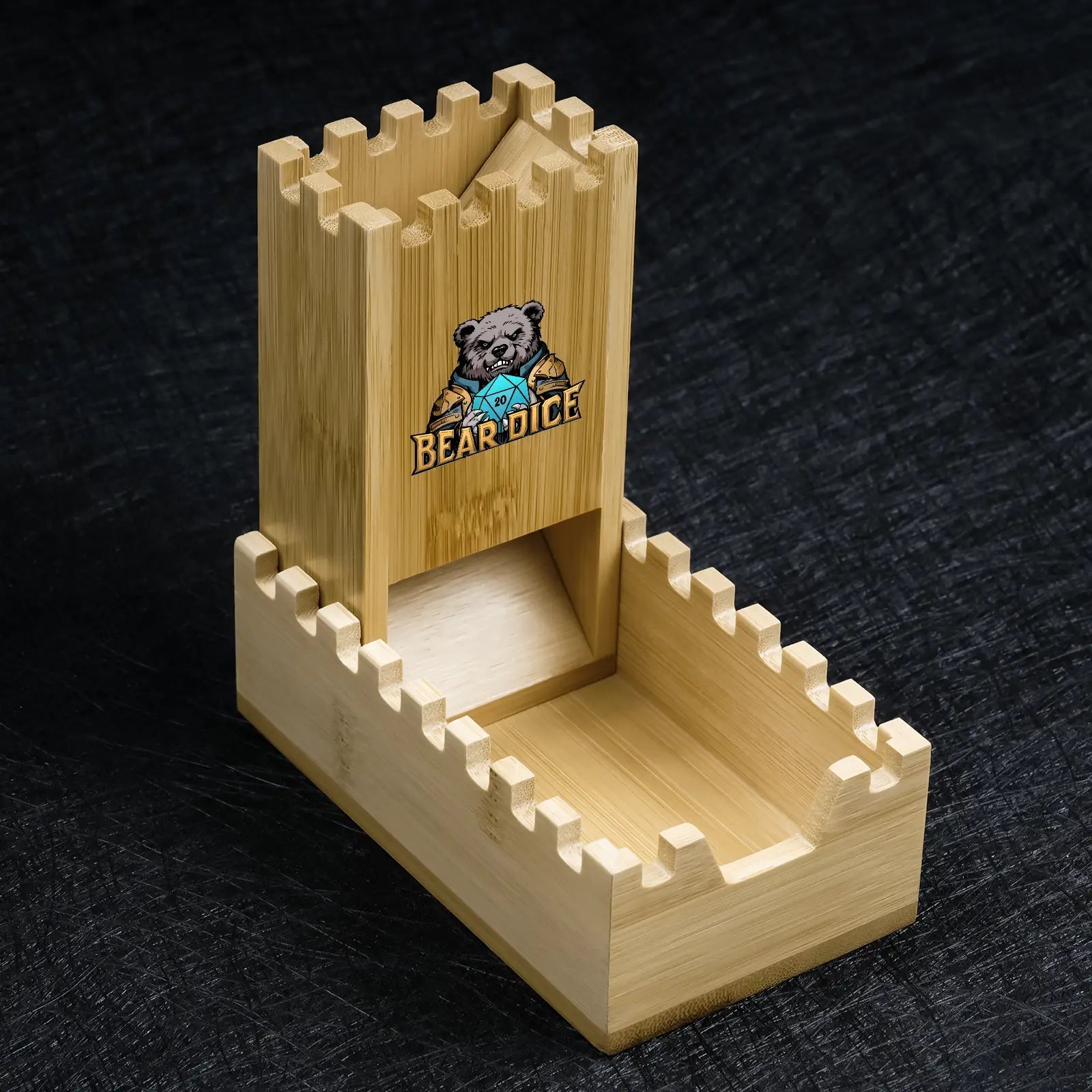 Hand-polished wooden foldable gear-edge D&D dice tower with Bear Dice logo | Bear Dice
