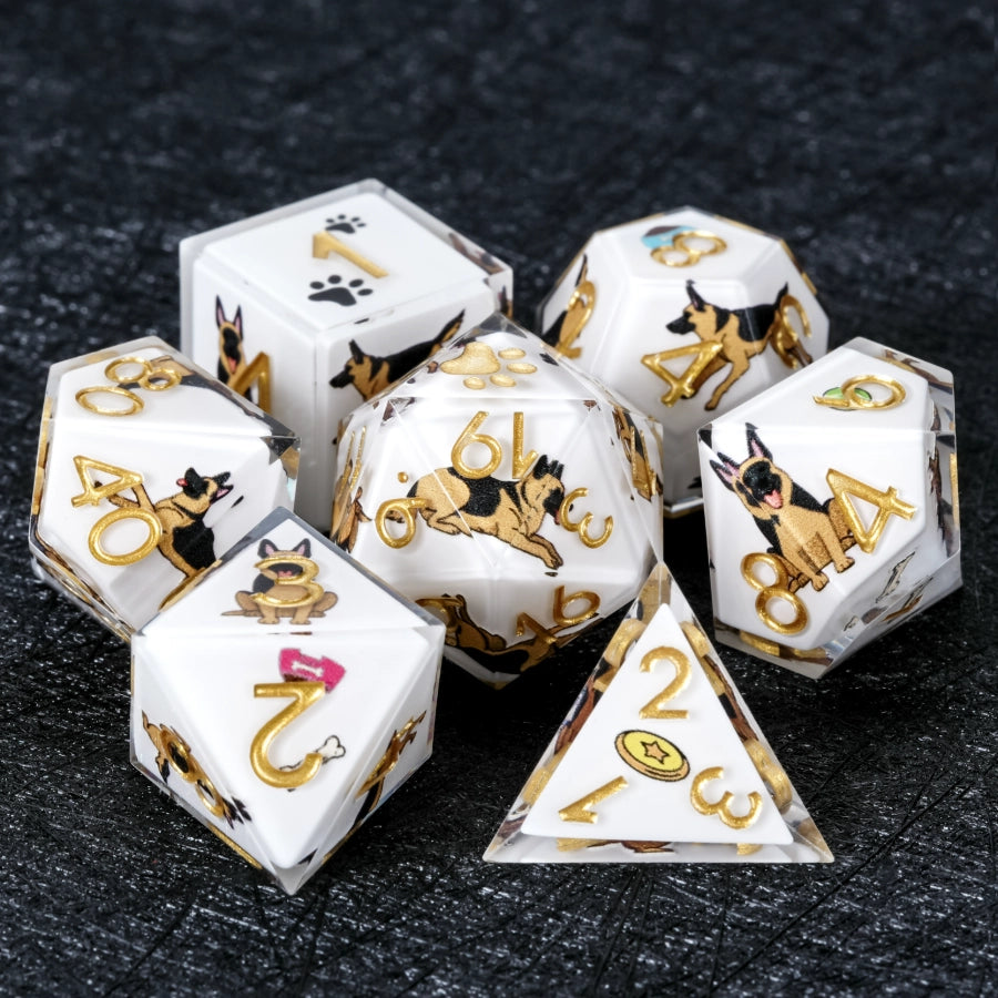Kickstarter Dice – Handcrafted Sharp-Edged White Resin German Shepherd DND Dice Set, Perfect for Role-Playing Games | Bear Dice