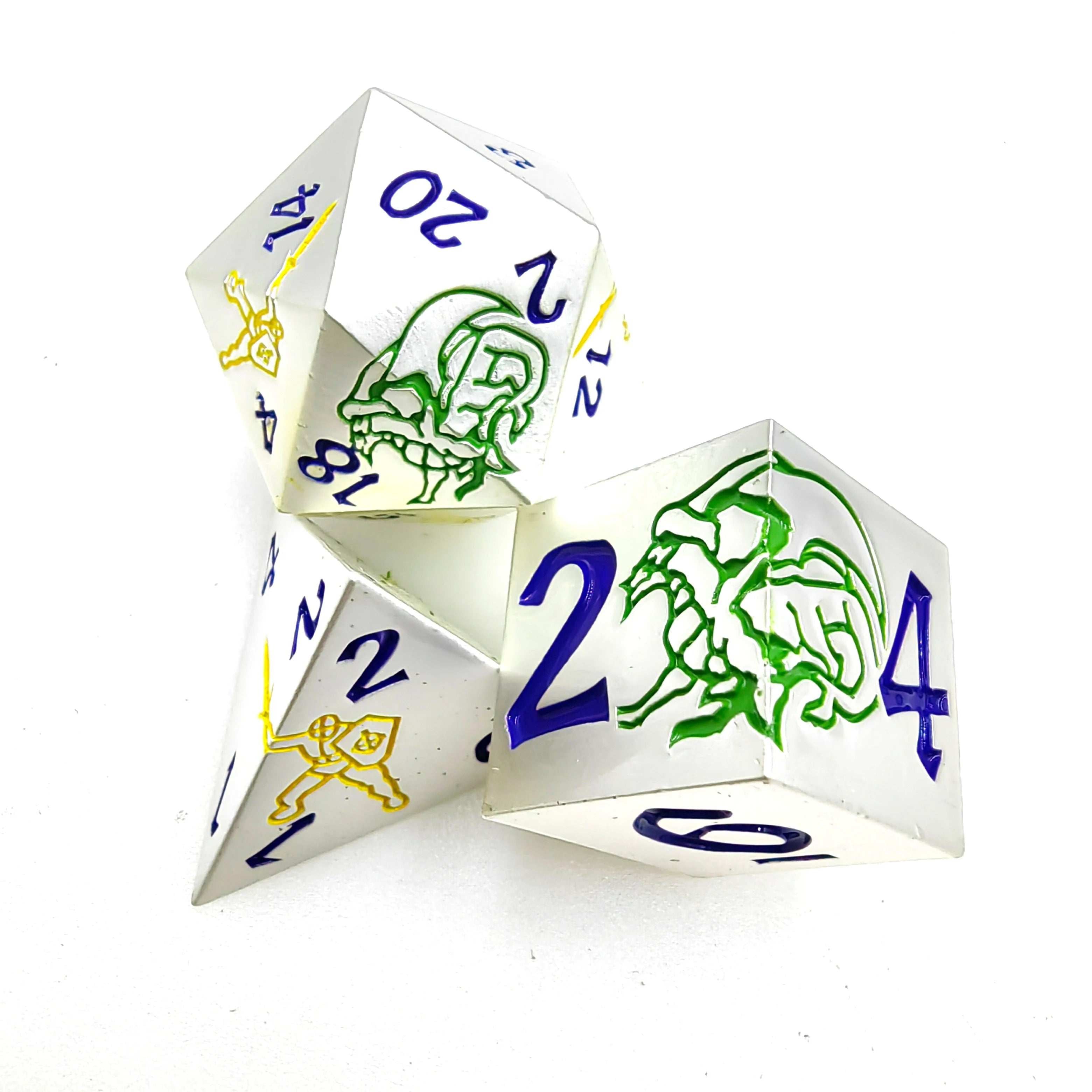 Yellow Warrior & Dragon Metal Dice + Blue font D4 dice、D6 dice、D20 dice | Bear Dice