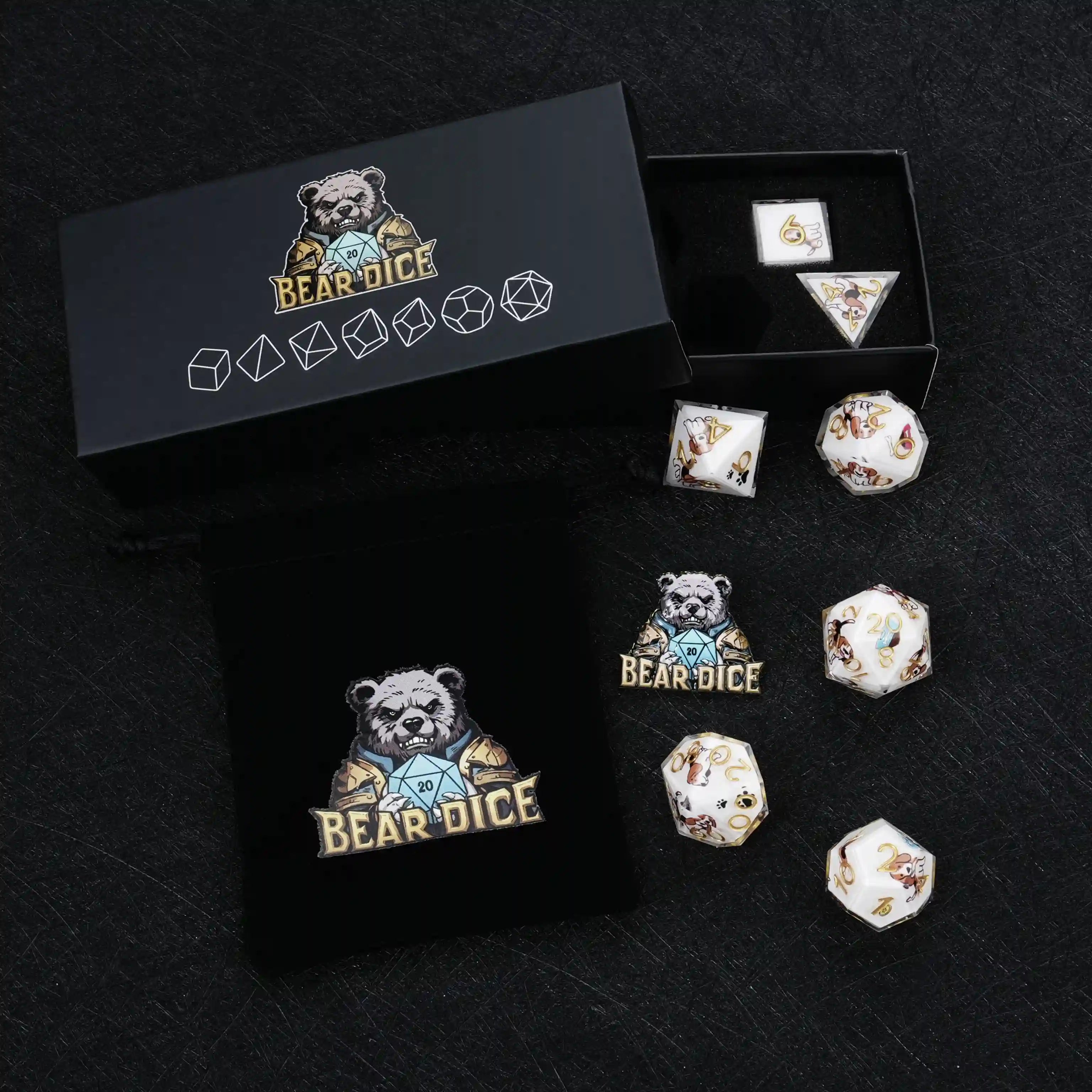 Kickstarter Dice – Sharp-Edged Beagle DND Dice Set with a Black Sponge-Lined Dice Box and a Black Velvet Dice Drawstring Bag | Bear Dice