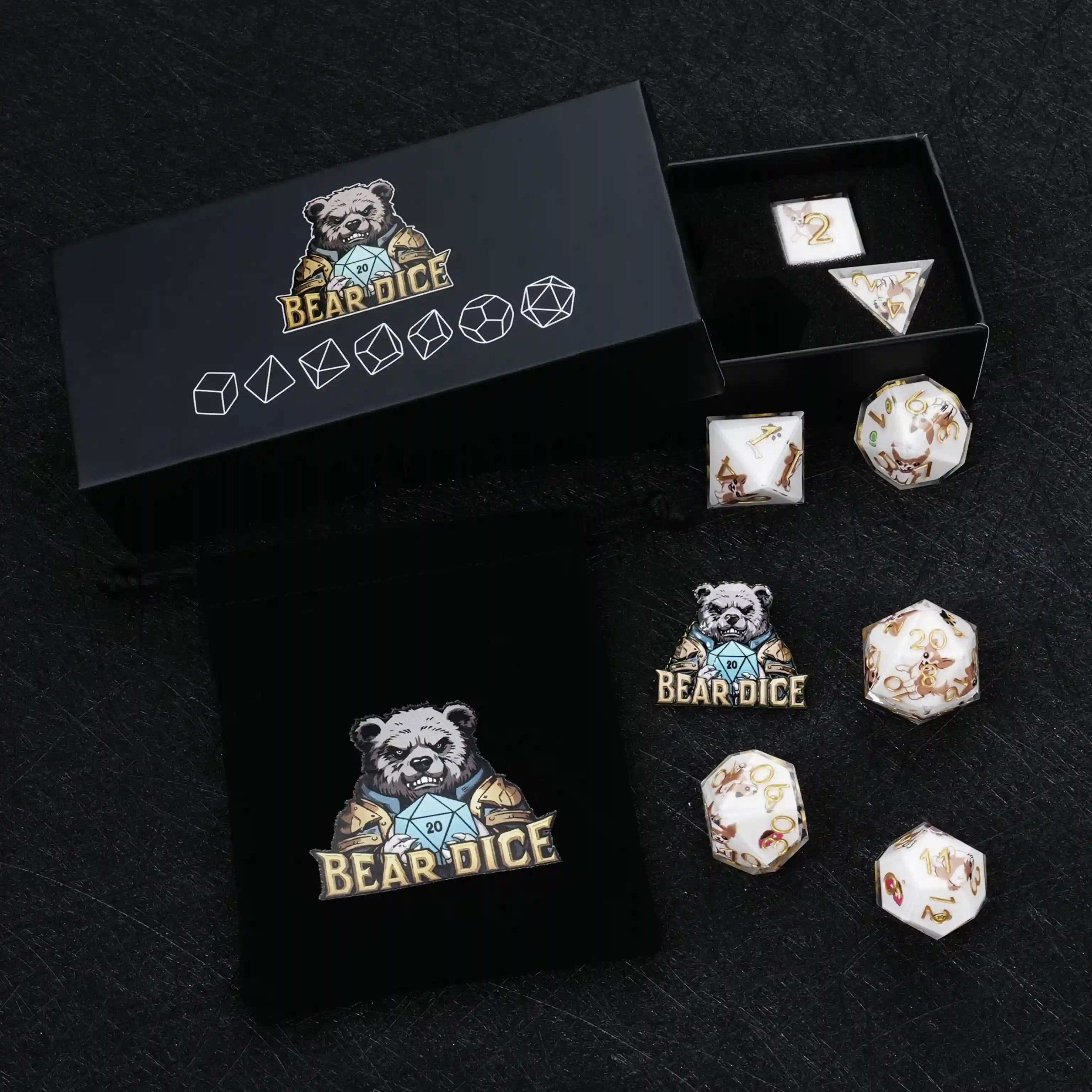 Kickstarter Dice – Sharp-Edged Chihuahua DND Dice Set with a Black Sponge-Lined Dice Box and a Black Velvet Dice Drawstring Bag | Bear Dice