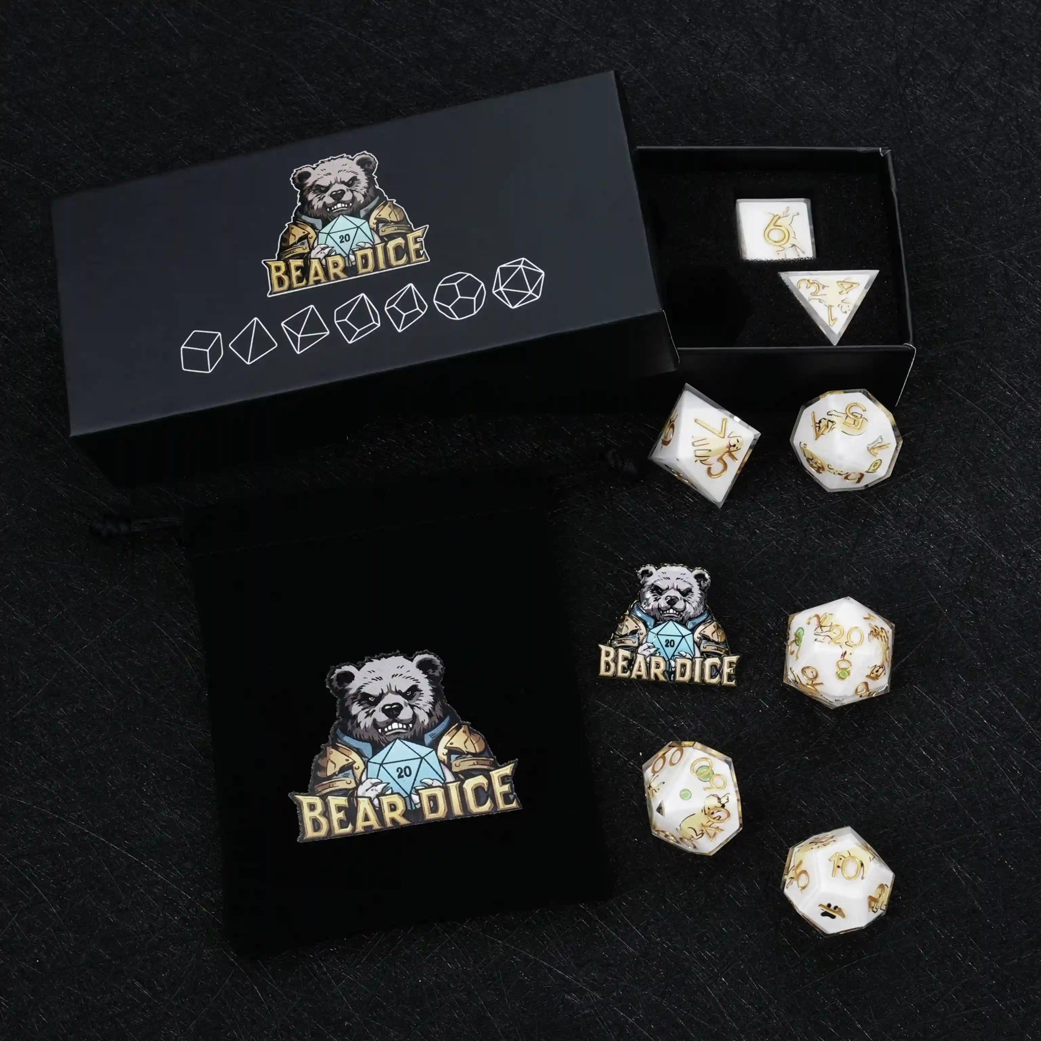 Kickstarter Dice – Sharp-Edged Labrador DND Dice Set with a Black Sponge-Lined Dice Box and a Black Velvet Dice Drawstring Bag | Bear Dice