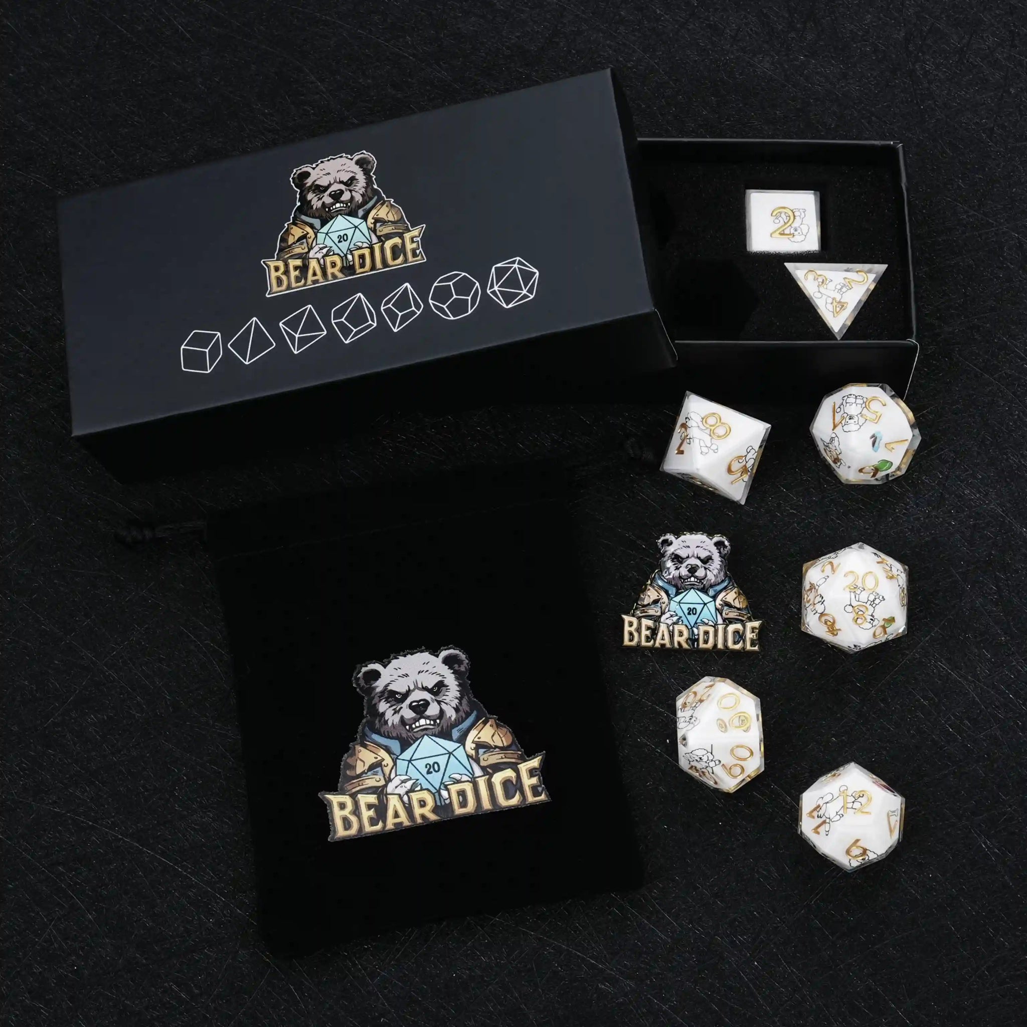 Kickstarter Dice – Sharp-Edged Poodle DND Dice Set with a Black Sponge-Lined Dice Case and a Black Velvet Dice Drawstring Bag | Bear Dice