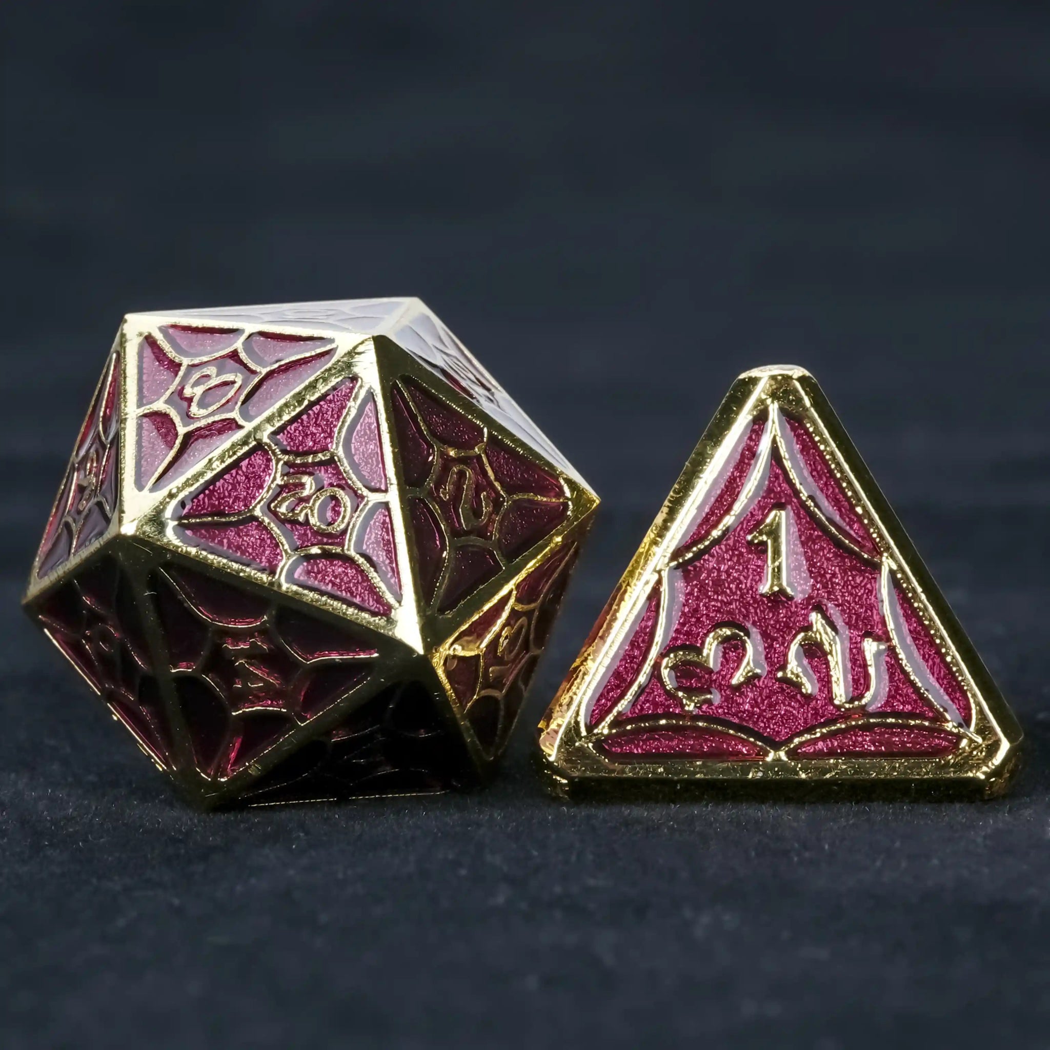 Imitation gold and purple metallic DND D20 and D4 dice | Bear Dice