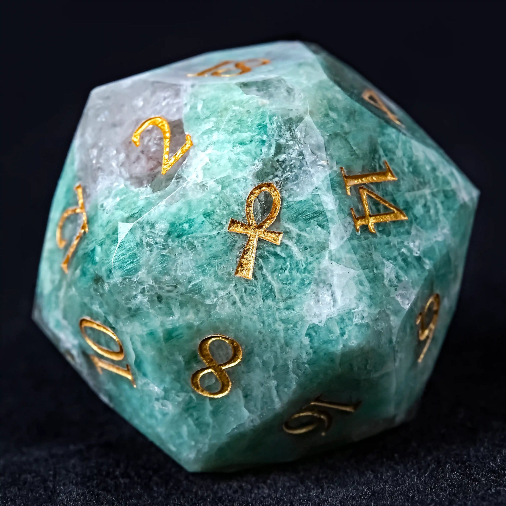 Kickstarter Dice - Natural Blue-Green Amazonite DND D20 Dice, Engraved with the Key of Life Pattern | Bear Dice