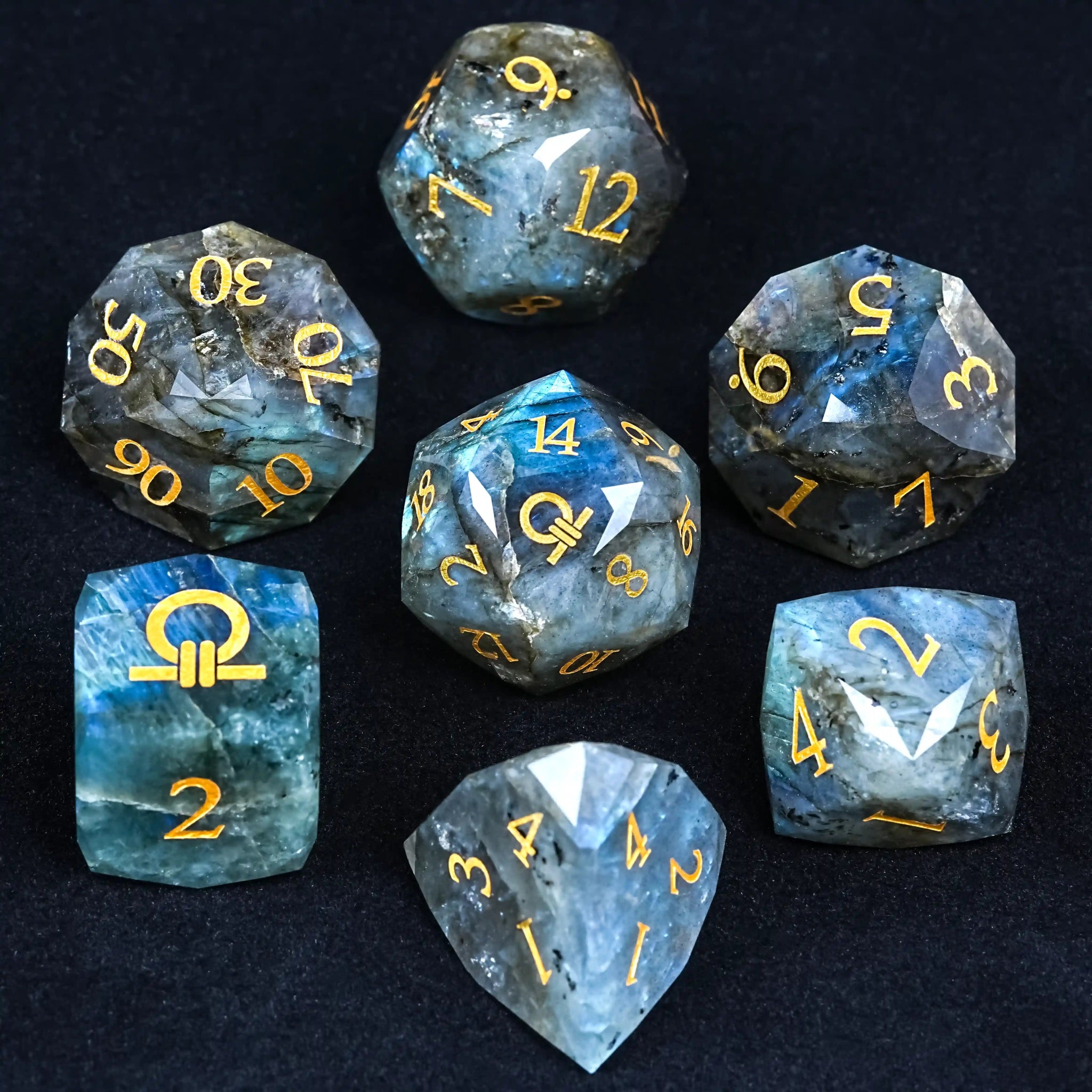 Kickstarter Dice - Natural Labradorite DND Dice Set, engraved with the Ring of Order pattern | Bear Dice