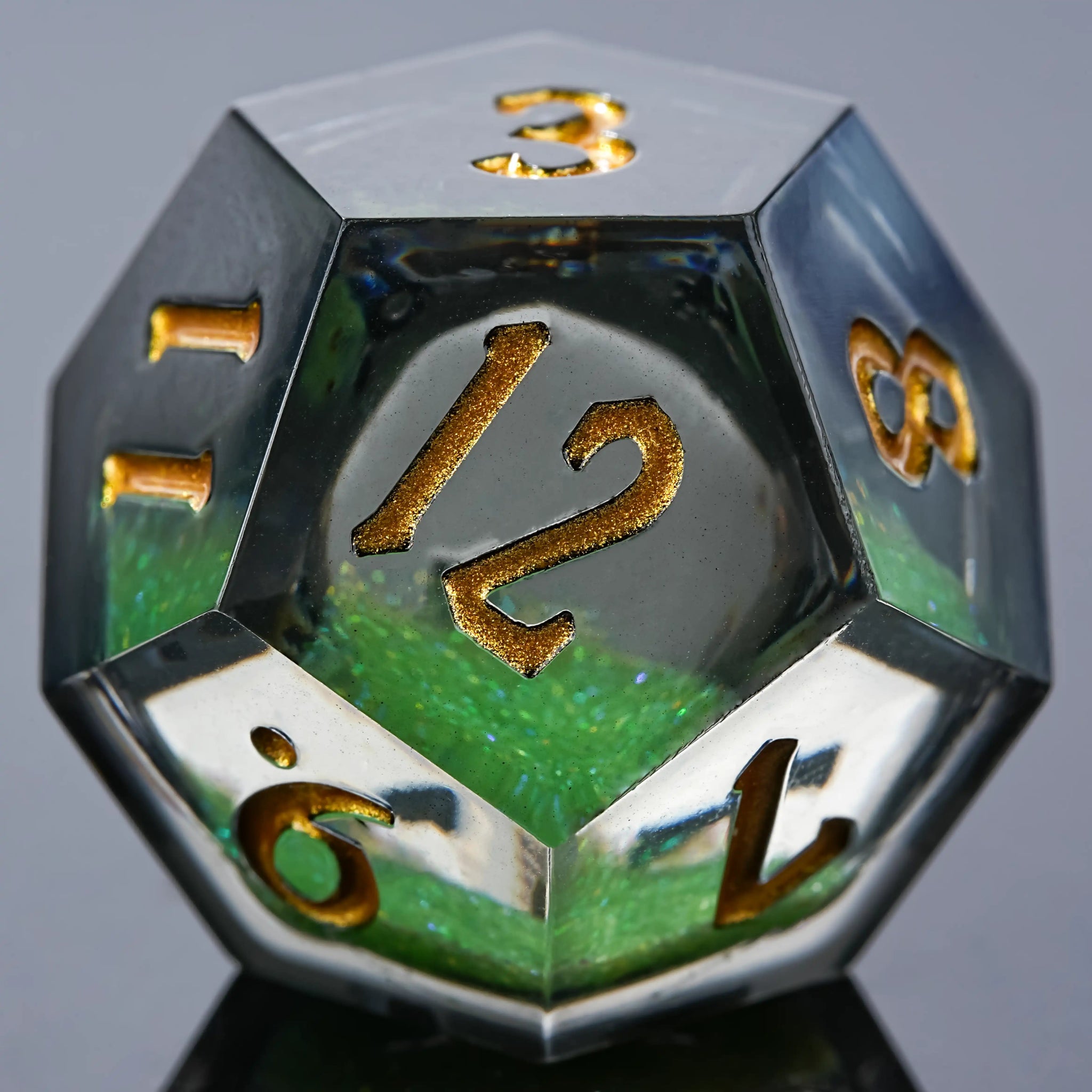 Kickstarter Dice - Plague Elixir Green Liquid Core Resin DND D12 Dice with Gold Font | Bear Dice