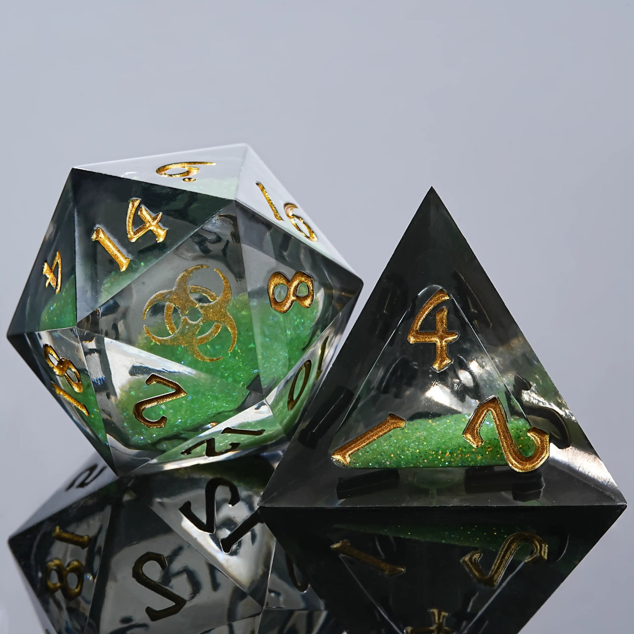 Kickstarter Dice - Plague Elixir Green Liquid Core Resin D20 and D4 Dice with Gold Font | Bear Dice