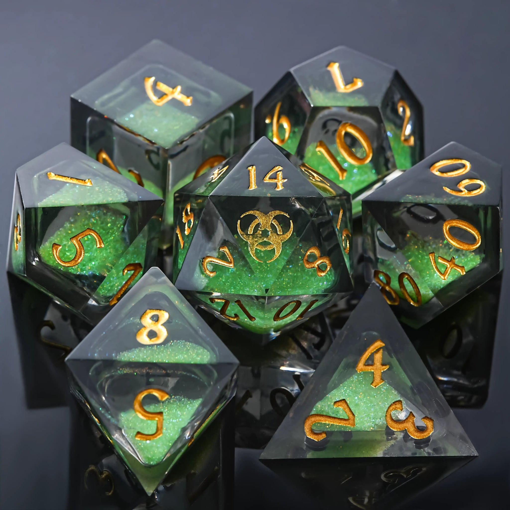 Kickstarter Dice - Plague Elixir Green Liquid Core Resin D&D Dice Set with Gold Font | Bear Dice