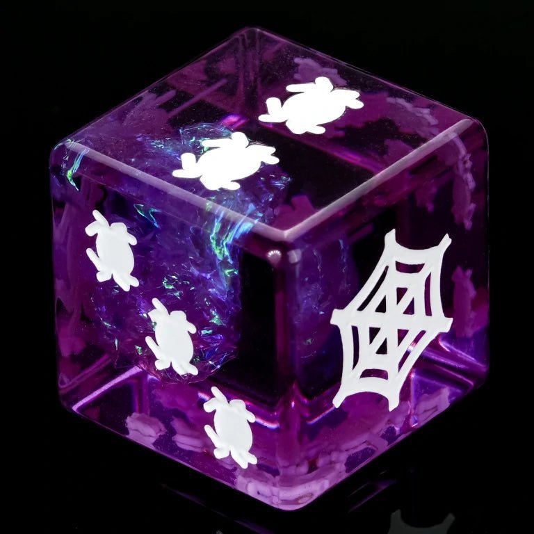 Kickstarter Halloween Trickster Dice - Purple Resin DND D6 Dice, Engraved Spiderweb Design, Includes Gold Foil, Spiders Represent the Numbers | Bear Dice
