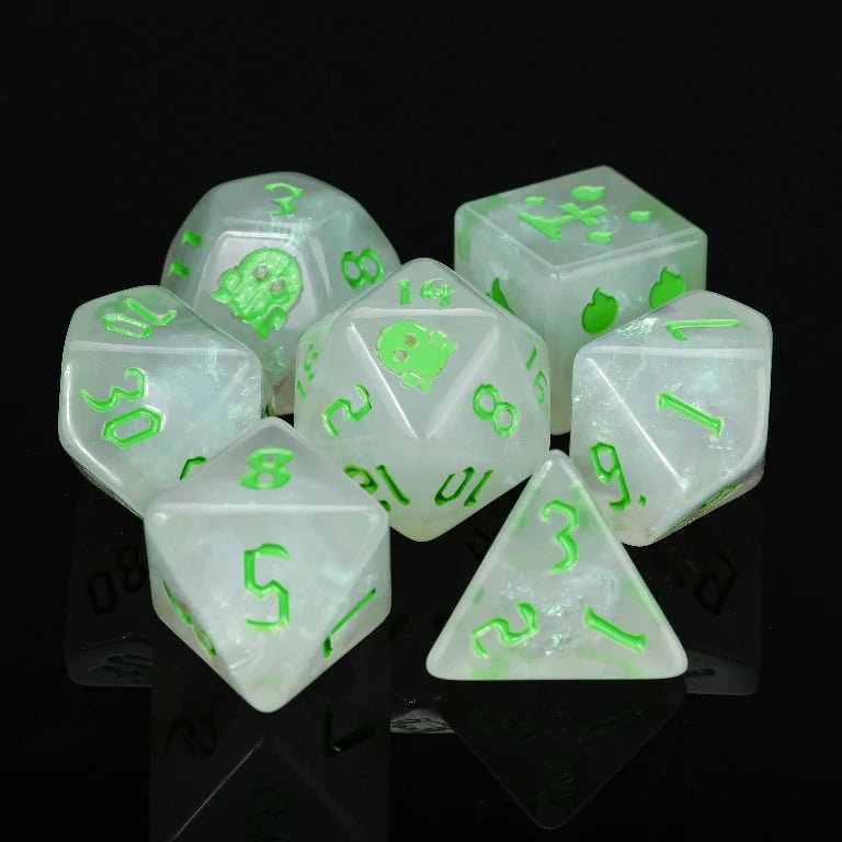Kickstarter Halloween Trickster Dice - Kickstarter White Resin DND Dice Set, engraved with ghost flame design, green numbers | Bear Dice