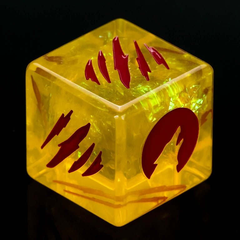 Kickstarter Halloween Trickster Dice - Yellow Resin DND D6 Dice, engraved with a blood moon design, contains gold foil, and uses scratch marks from a Blood Moon Werewolf transformation to represent the numbers | Bear Dice