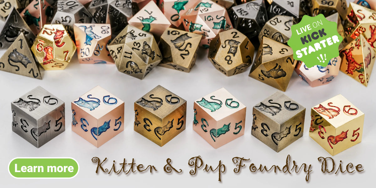 A complete set of adorable metal cat-themed dice from Kitten & Pup Foundry Dice is currently being crowdfunded on Kickstarter, showcasing various colors and engraving designs. | BearDice
