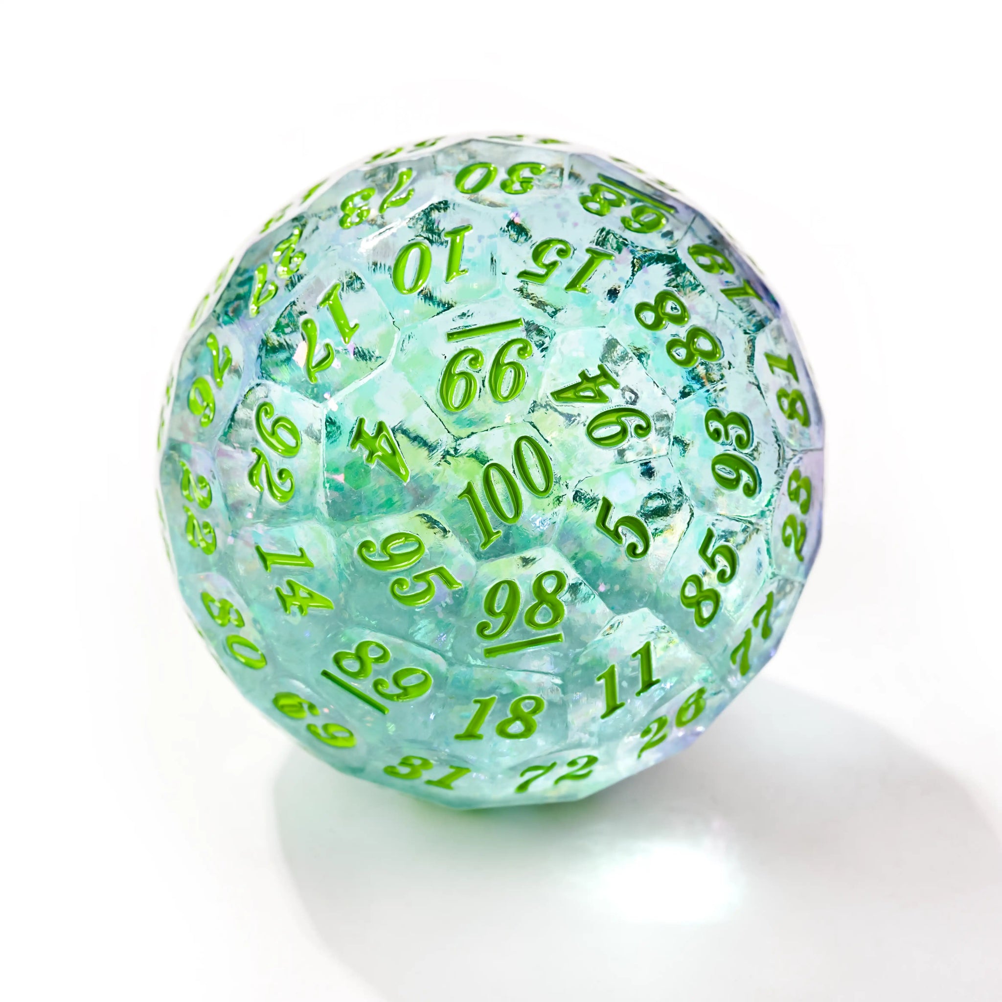 Light Green Quicksand Resin D100 Dice - 50mm Transparent 100-Sided Dice Ball with Green Numbers | Bear Dice
