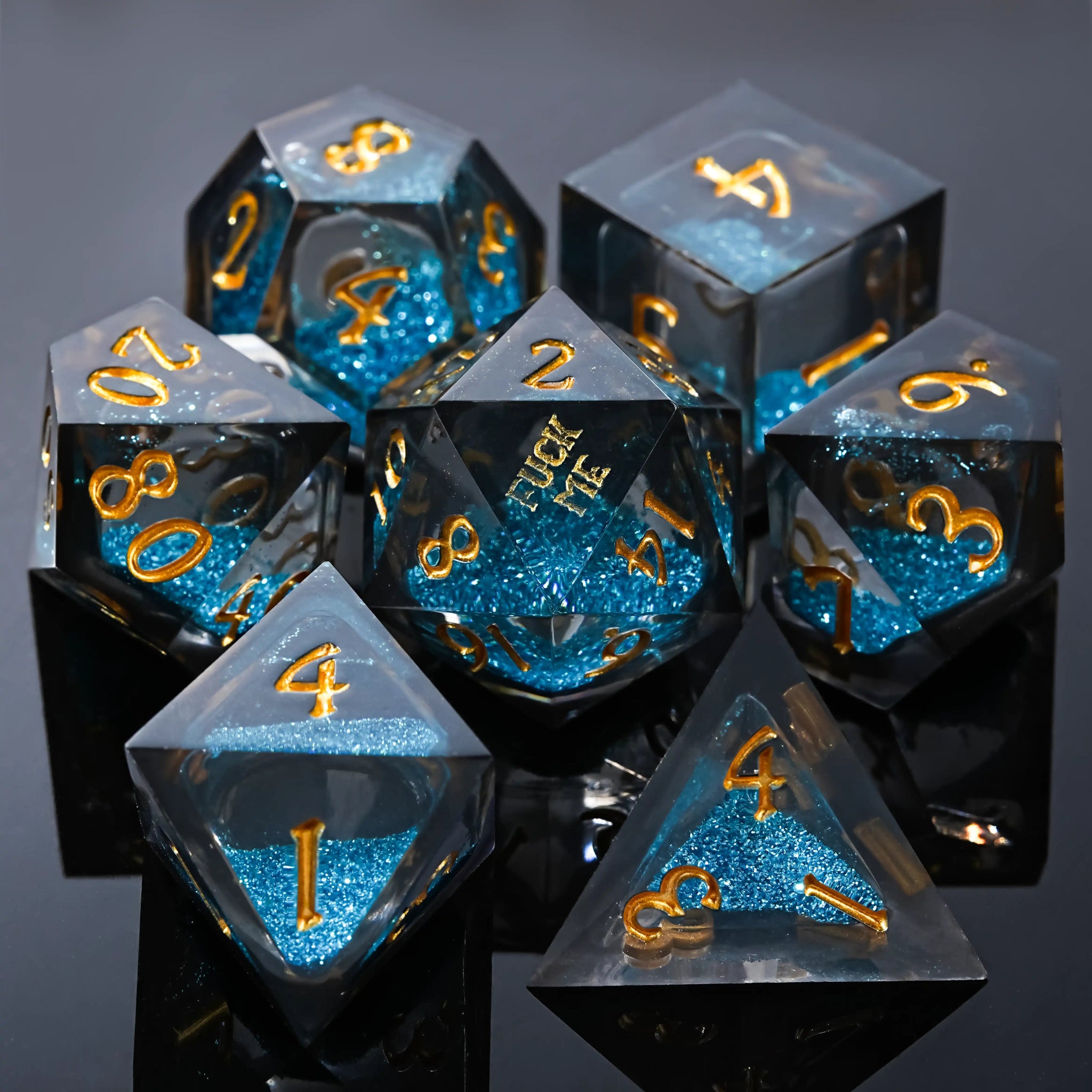 Kickstarter Dice - ME Blue Liquid Core Resin DND Dice Set with Engraved Gold Numbers | Bear Dice