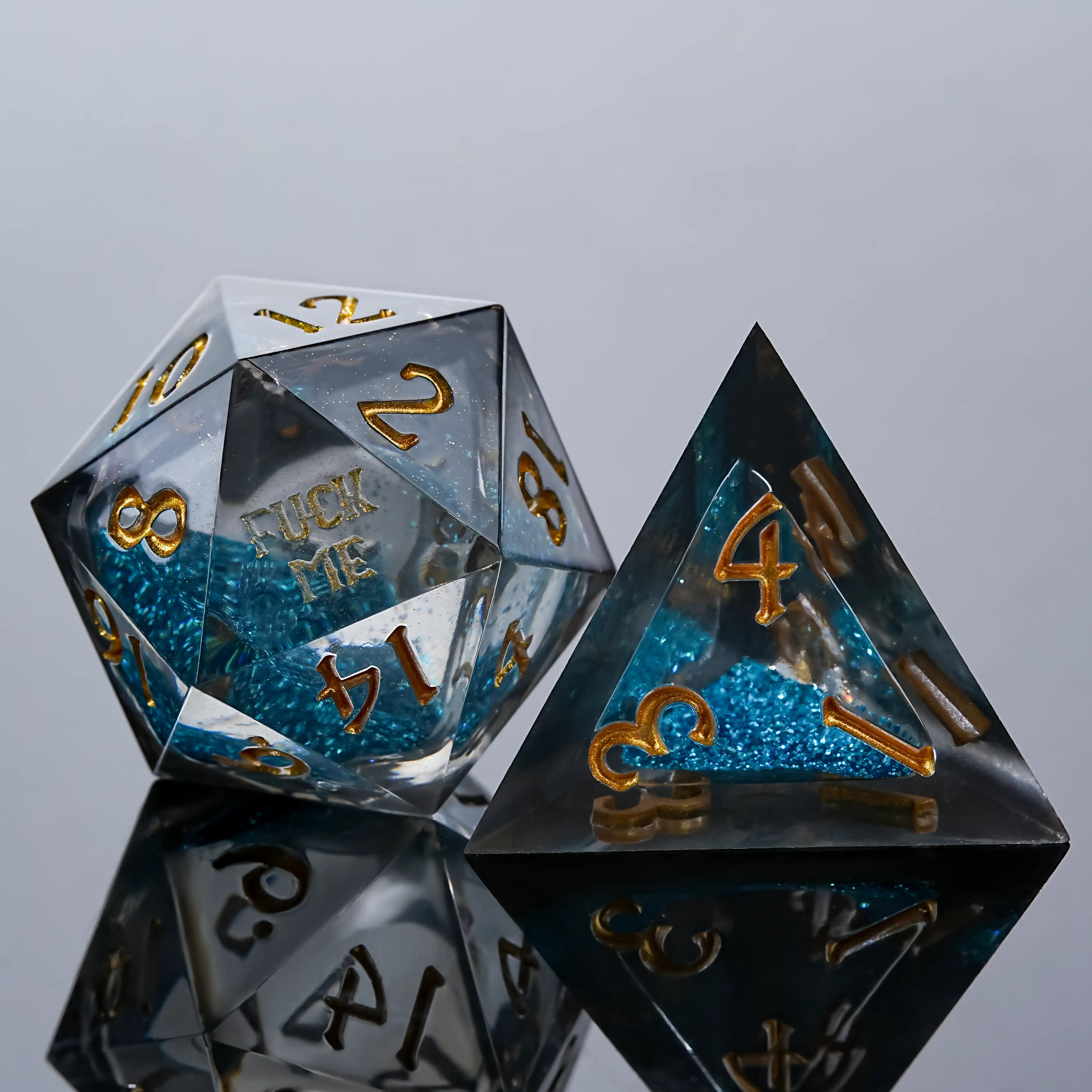 Kickstarter Dice - Me Blue Liquid Core Resin DND D20 Dice and D4 Dice with Engraved Gold Numbers | Bear Dice