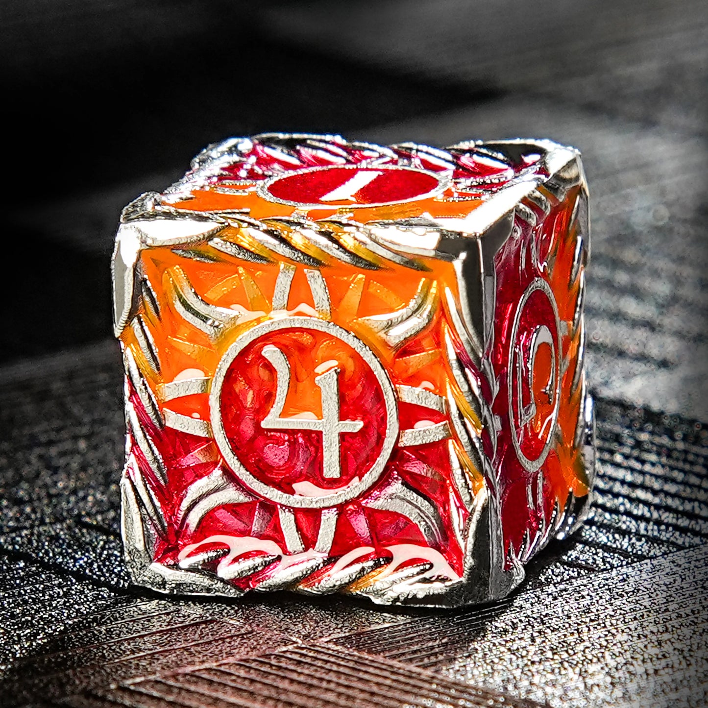 Solid Metal Sunburst Red and Yellow DND D6 Dice | Bear Dice