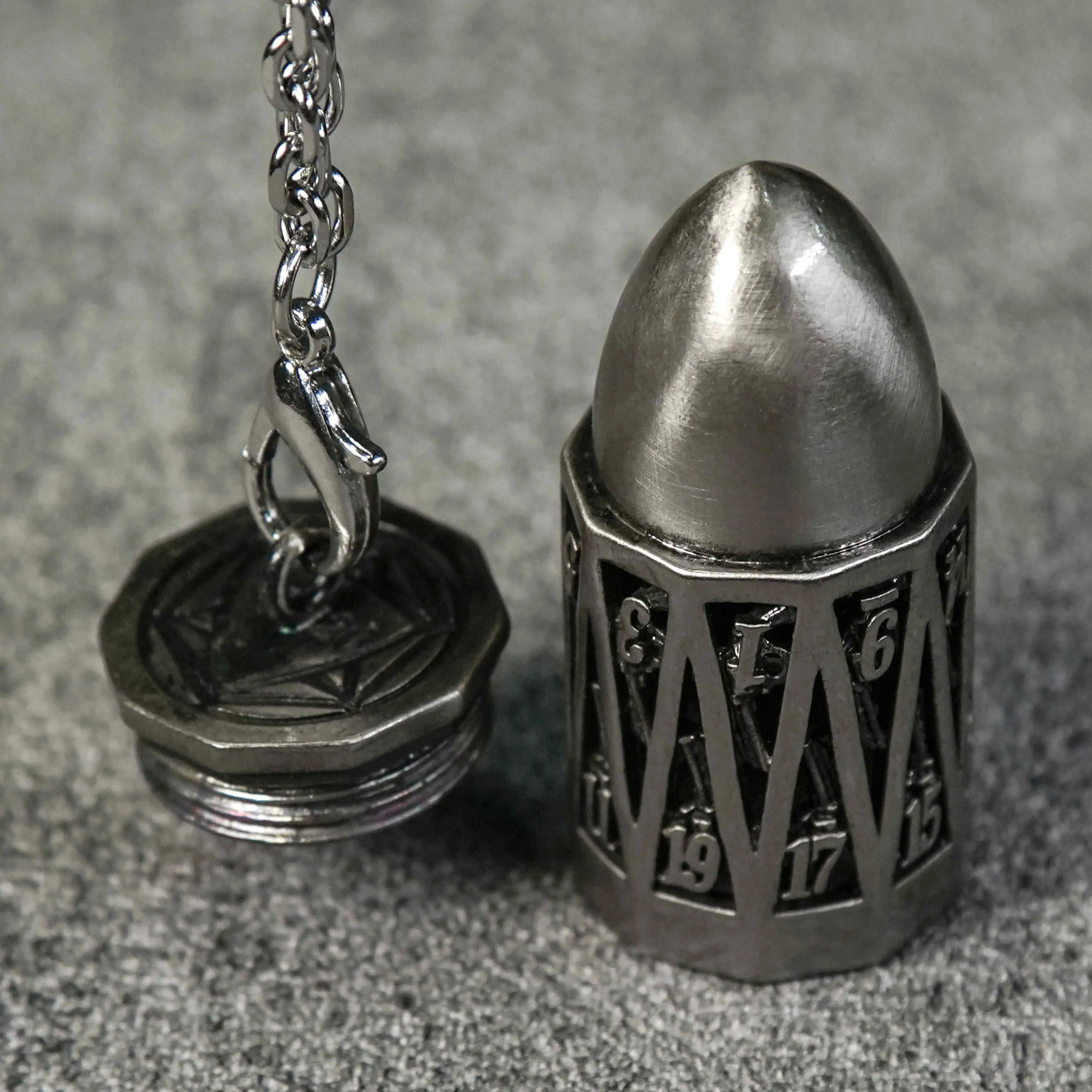 Antique Nickel Bullet Openwork Metal D20 Dice Cage Necklace + Mini Dice Set | Bear Dice