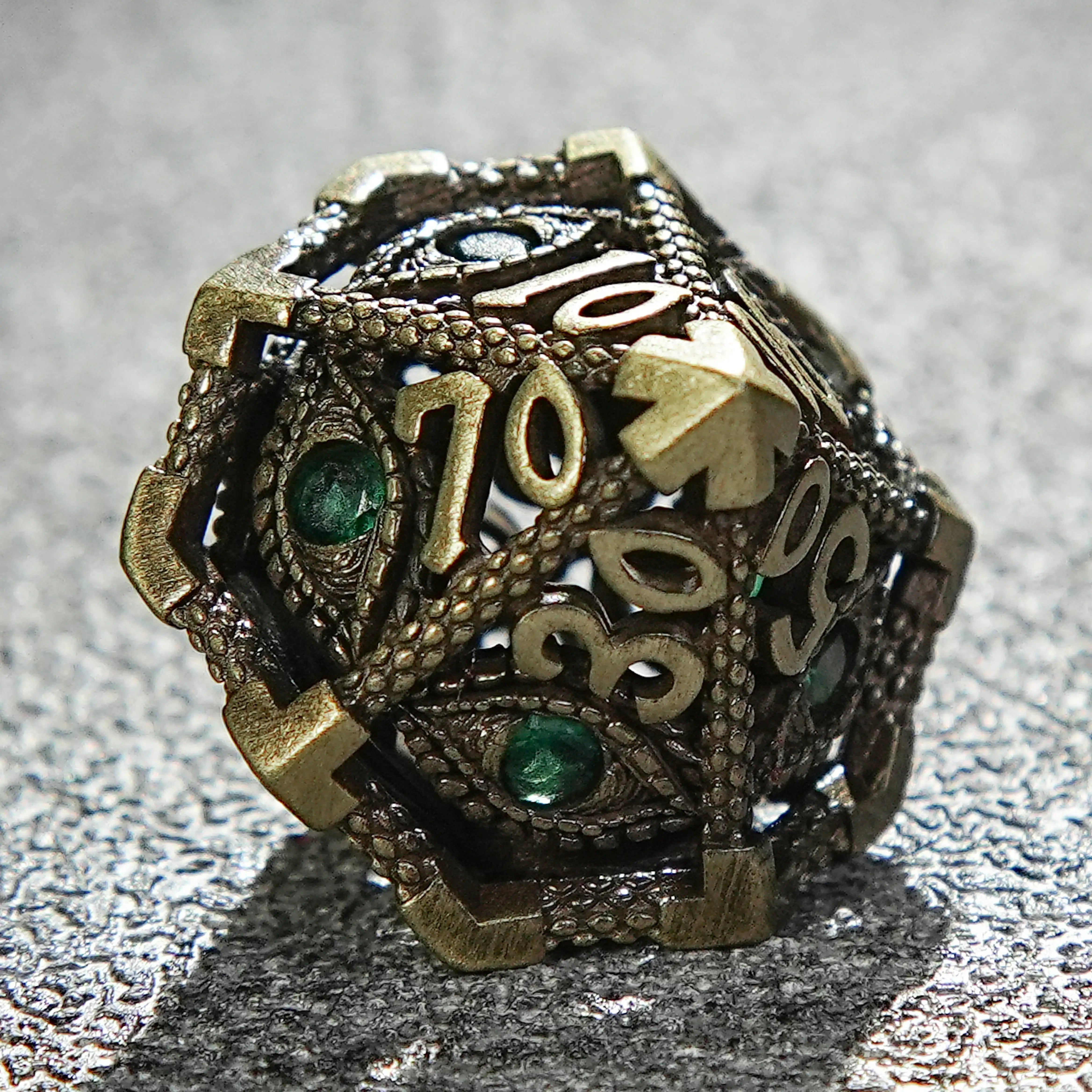 Bronze Emerald Dragon Eye Hollow Metal DND D% Dice | Bear Dice