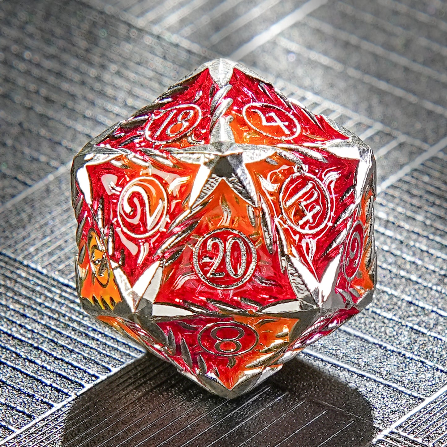 Solid Metal Sunburst Red and Yellow DND D20 Dice | Bear Dice