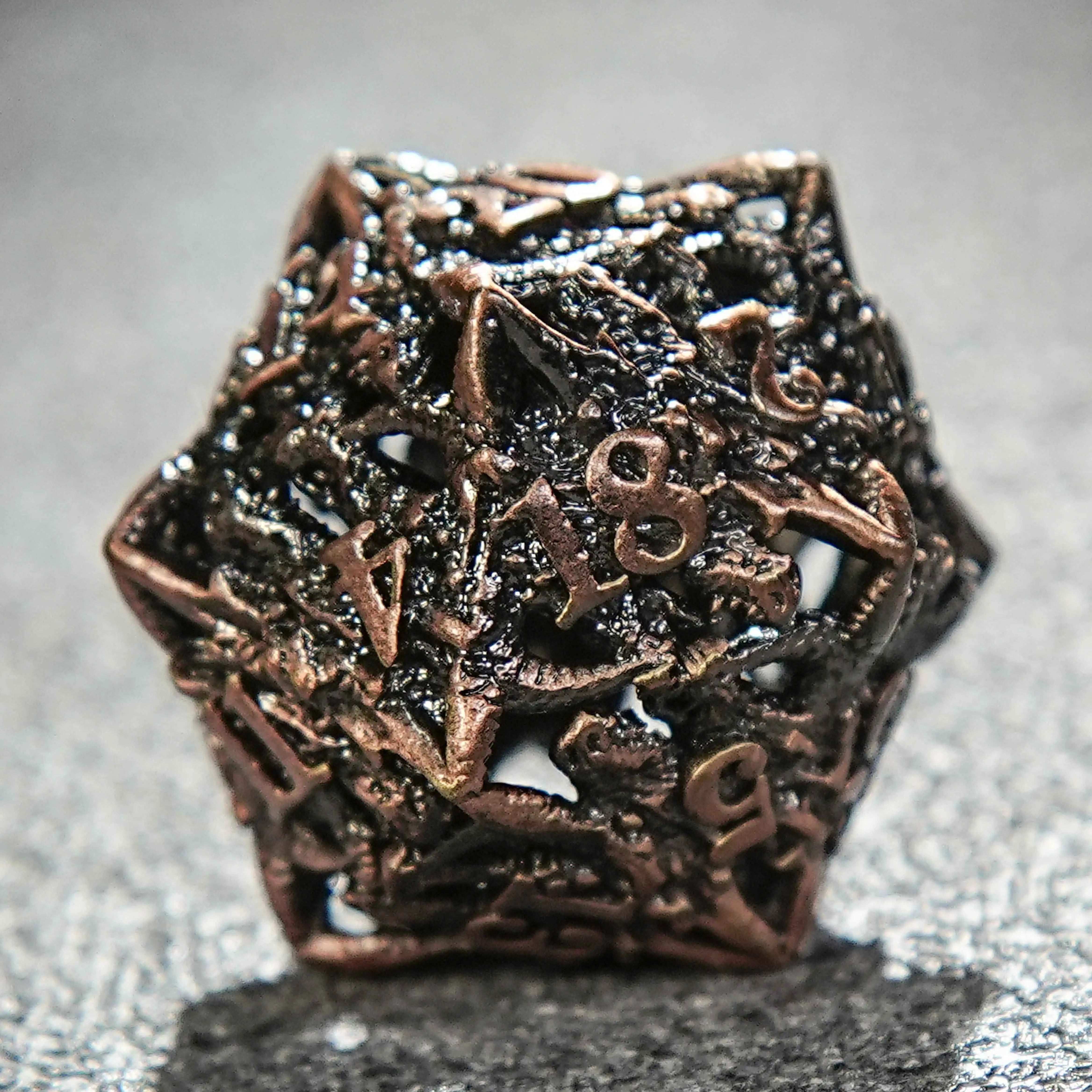 Dragon head skeletonized metal dnd 20 sided dice+ reddish copper color | Bear Dice