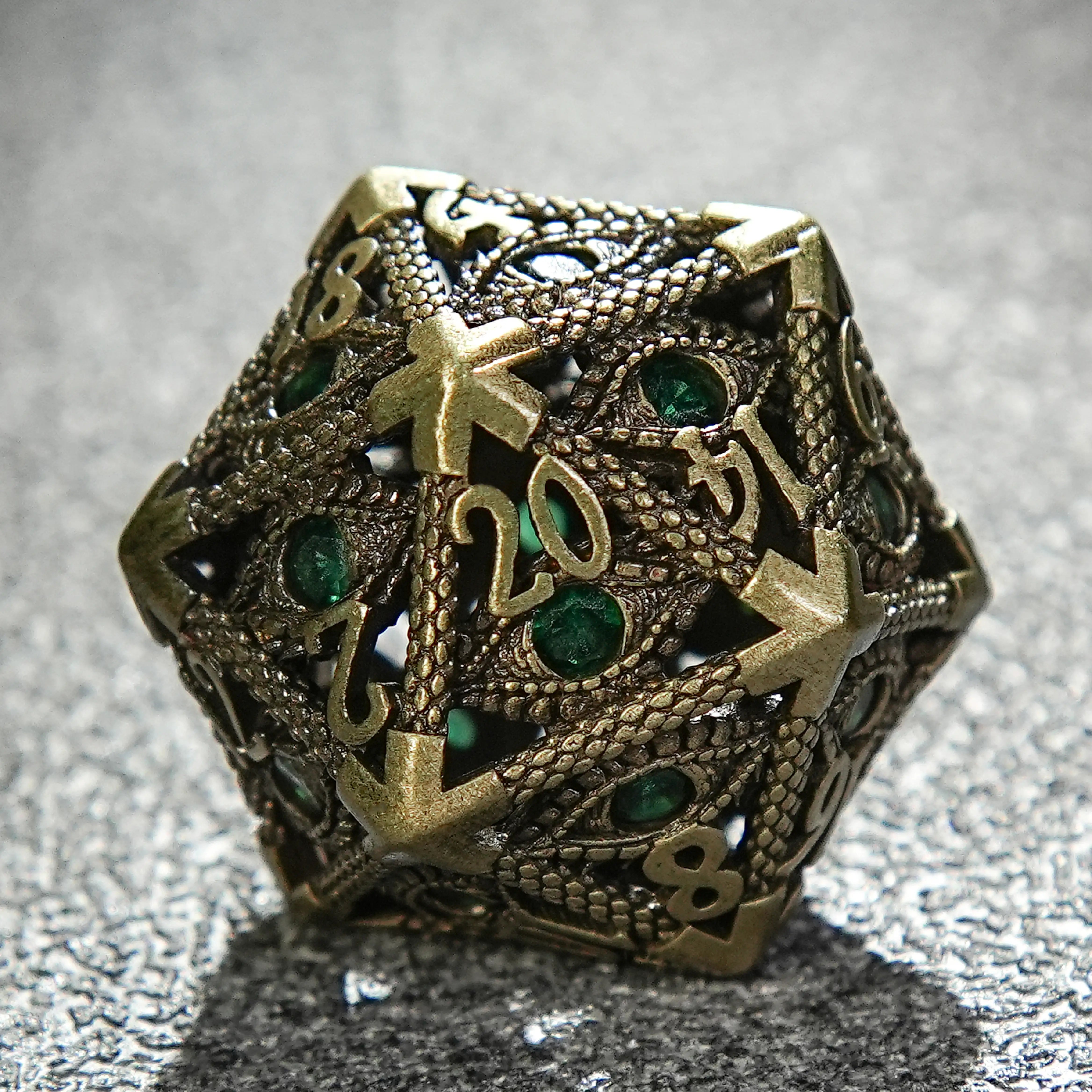 Bronze Emerald Dragon Eye Hollow Metal DND D20 Dice | Bear Dice