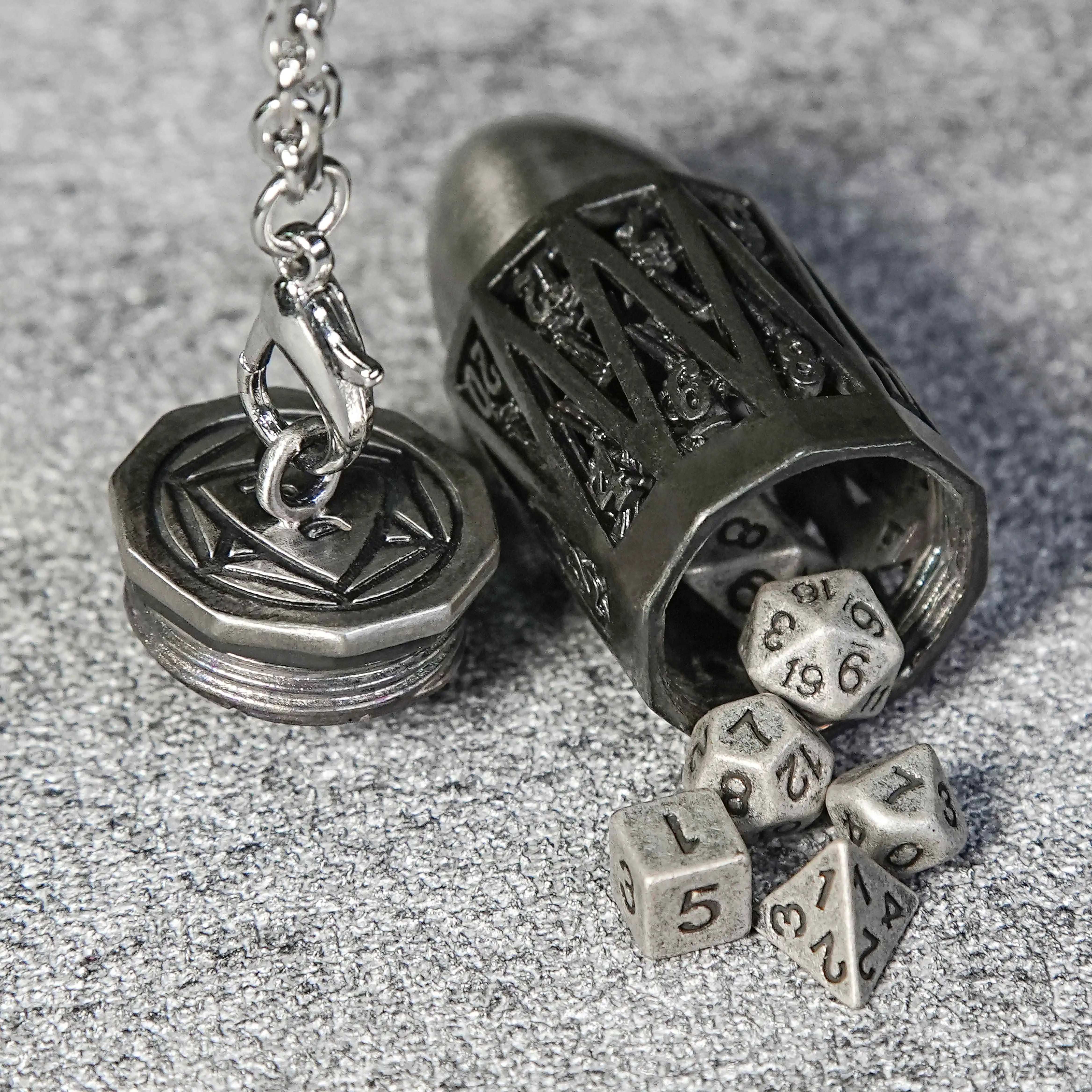 Antique Nickel Bullet Openwork Metal D20 Dice Cage Necklace + Mini Dice Set | Bear Dice