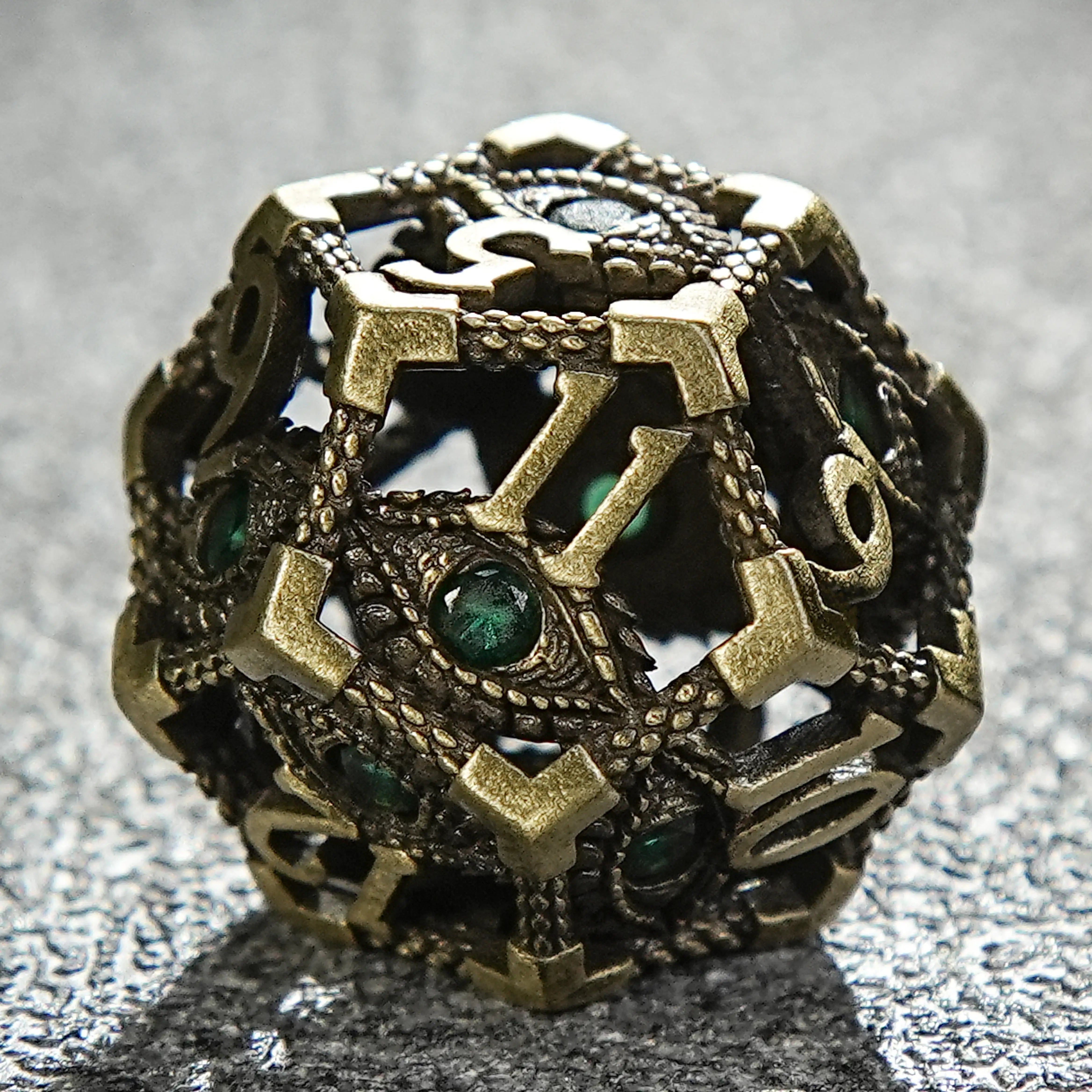 Bronze Emerald Dragon Eye Hollow Metal DND D12 Dice | Bear Dice
