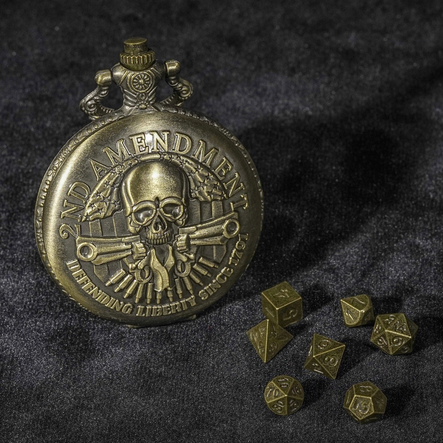 Cool Bronze Skull Dual Guns Steampunk Engraving Box Chain + Unique Mini Dice Sets | Bear Dice