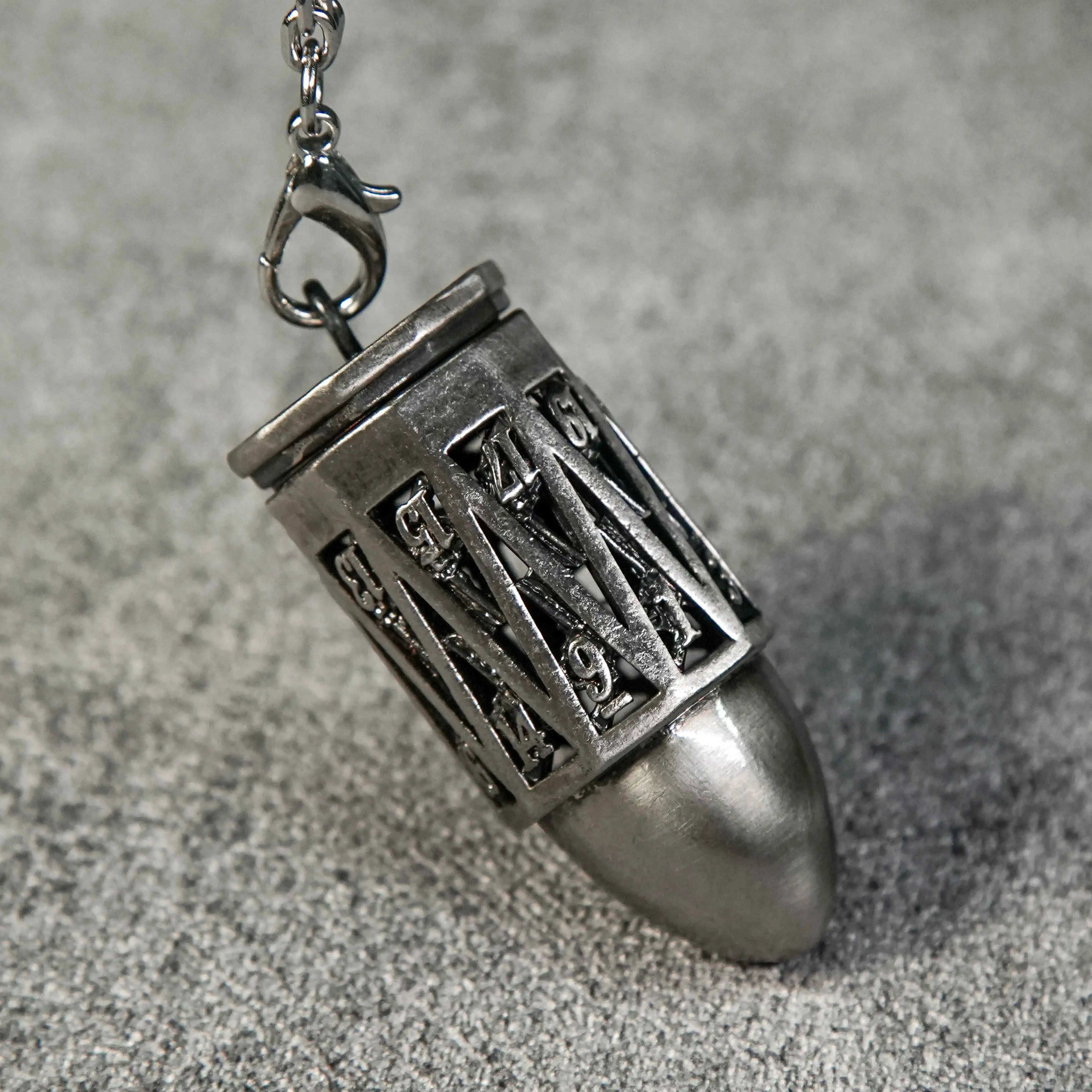 Antique Nickel Bullet Openwork Metal D20 Dice Cage Necklace + Mini Dice Set | Bear Dice
