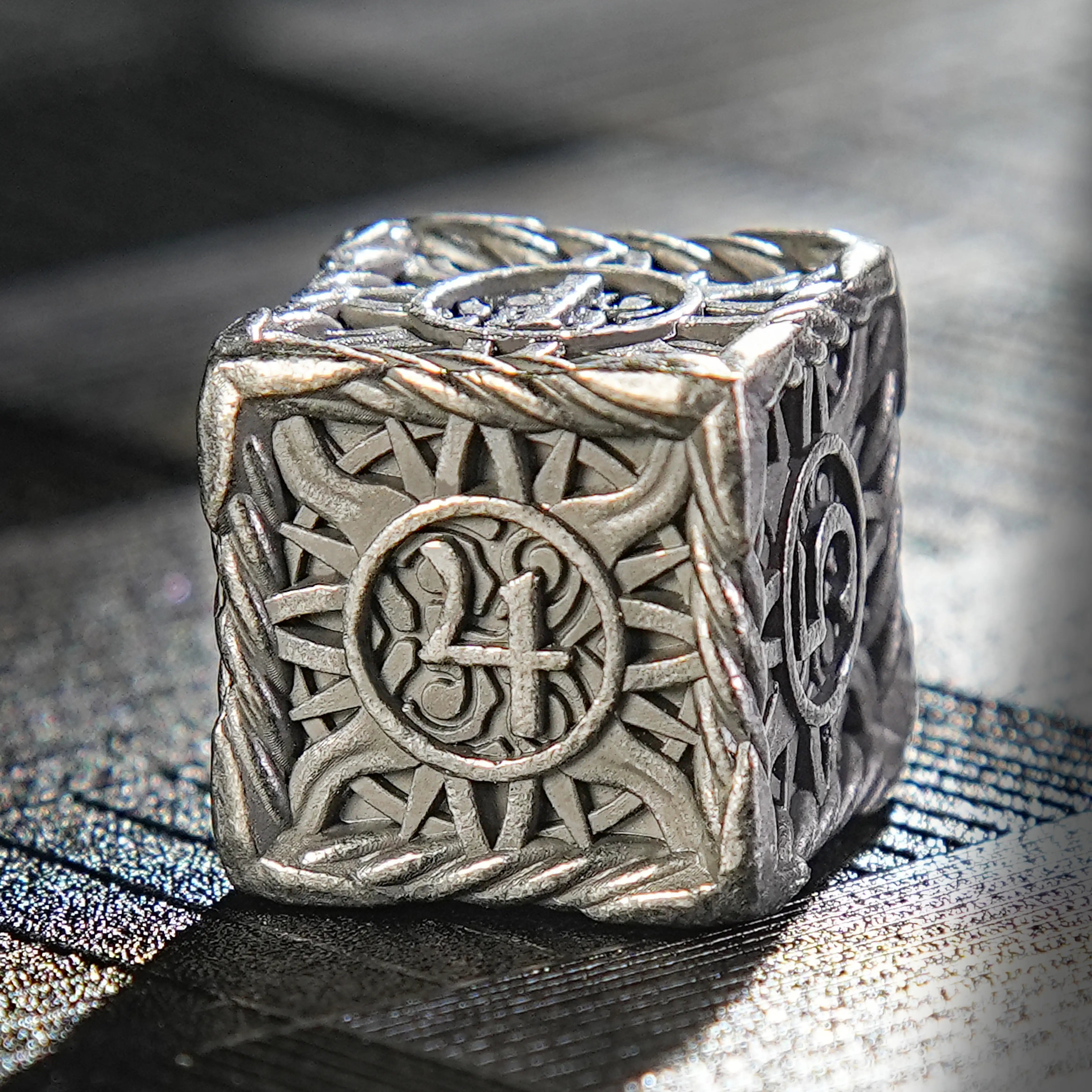 DND Antique Nickel Sun Metal Polyhedron D6 Dice | Bear Dice