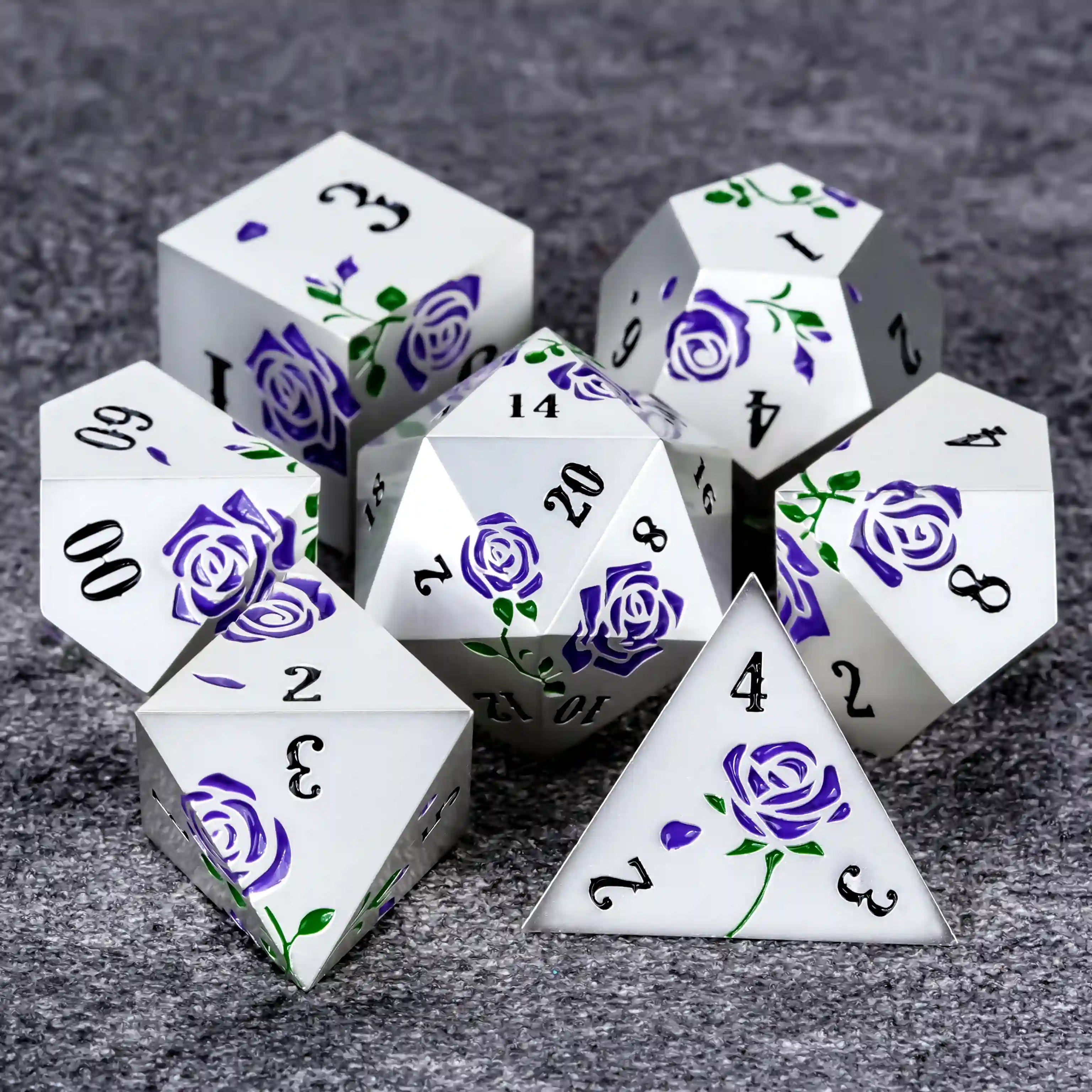 Rose Flower DND Dice Silver Purple Metal Dice Set Valentine's Day Gift | BearDice