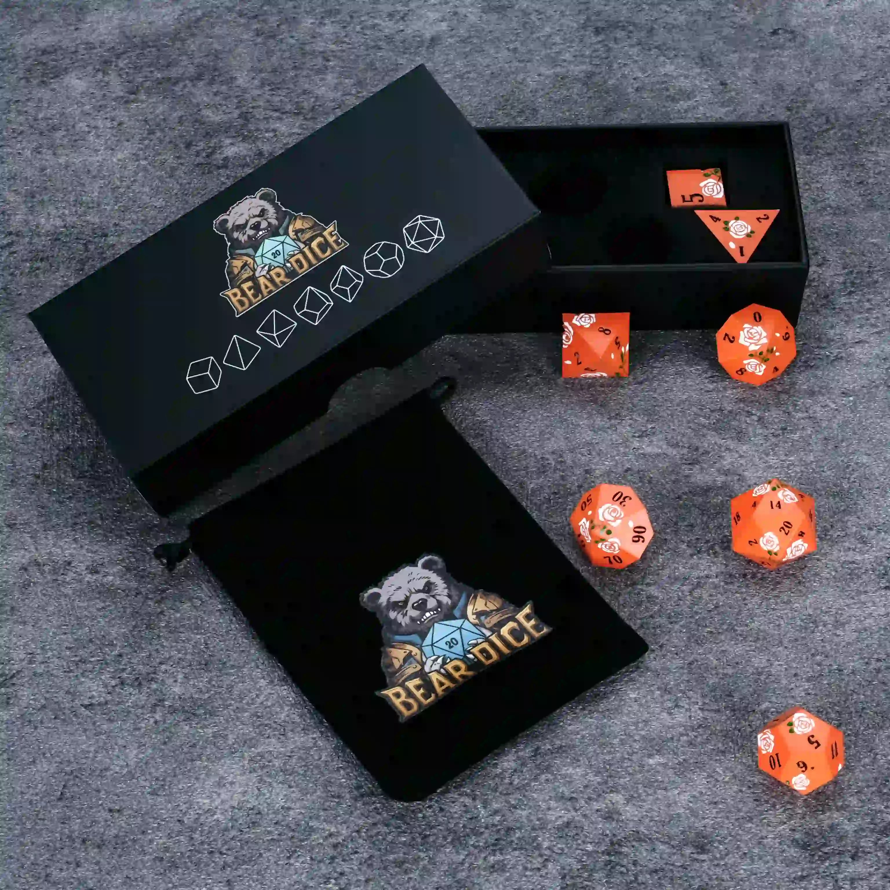 Orange DND Dice Rose Metal Dice Set with Exquisite Packaging Image | BearDice