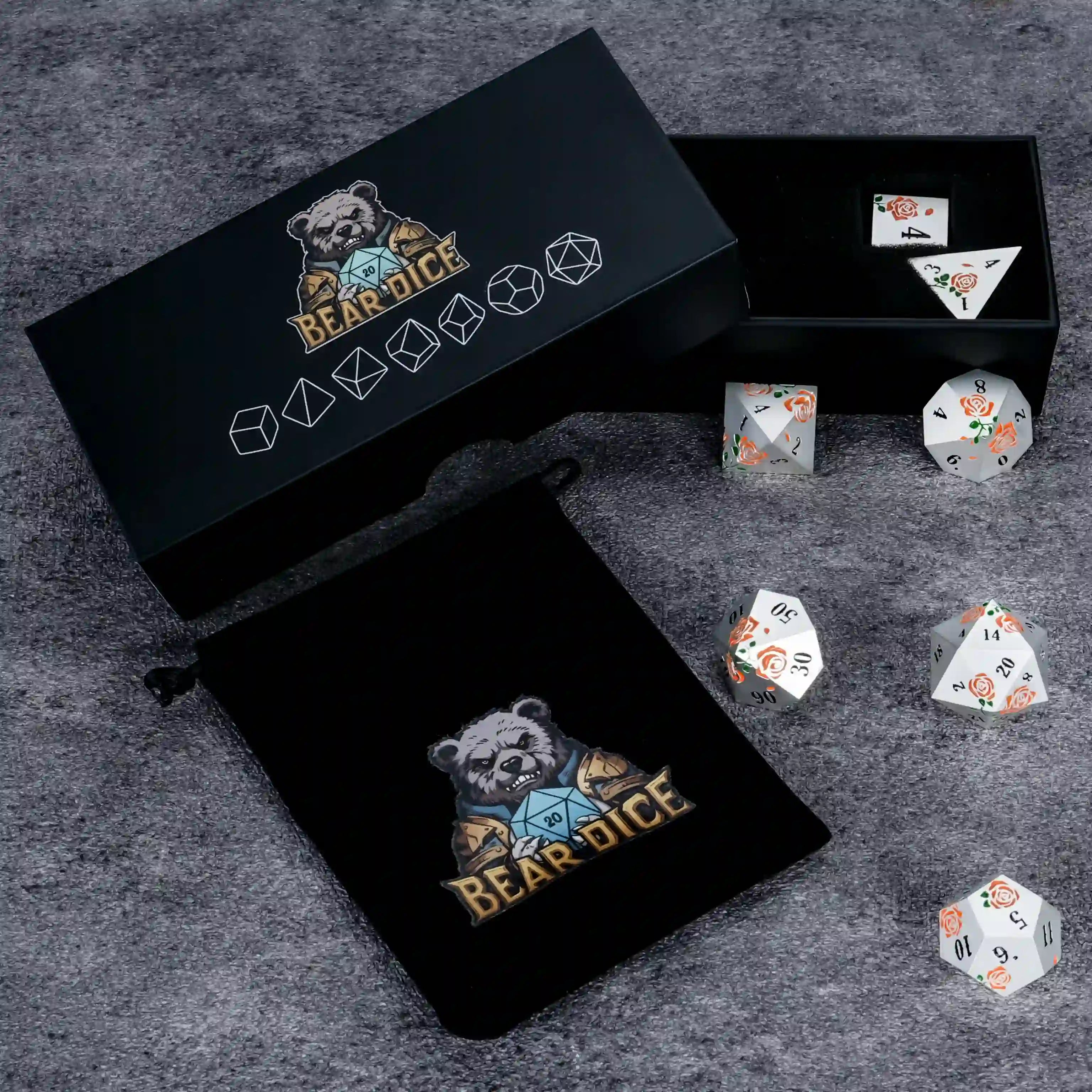 Silver and Orange DND Dice Rose Flower Metal Dice Set - Exquisite Packaging Image | BearDice