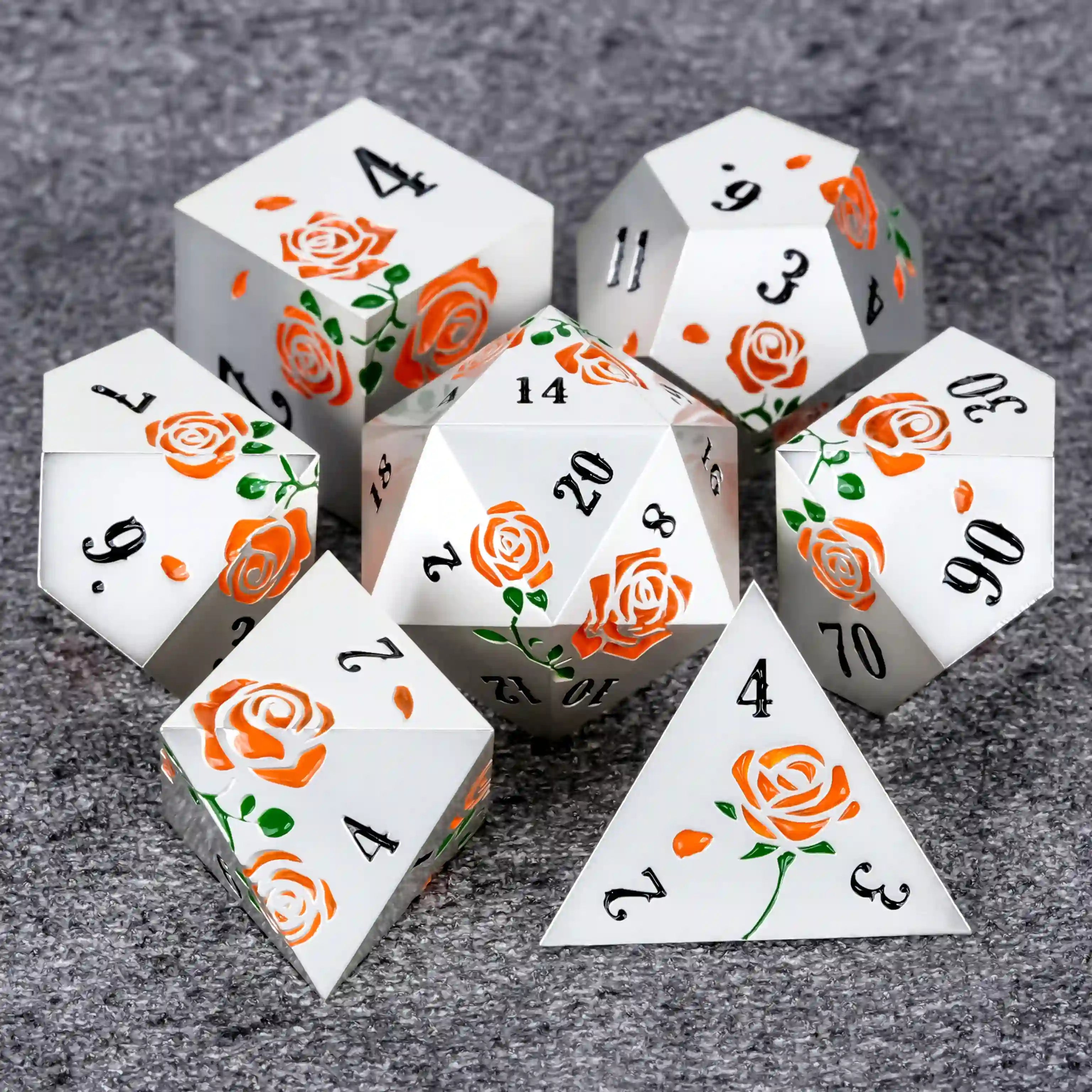 Rose Flower DND Dice Silver and Orange Metal Dice Set | Valentine's Day Gift | BearDice