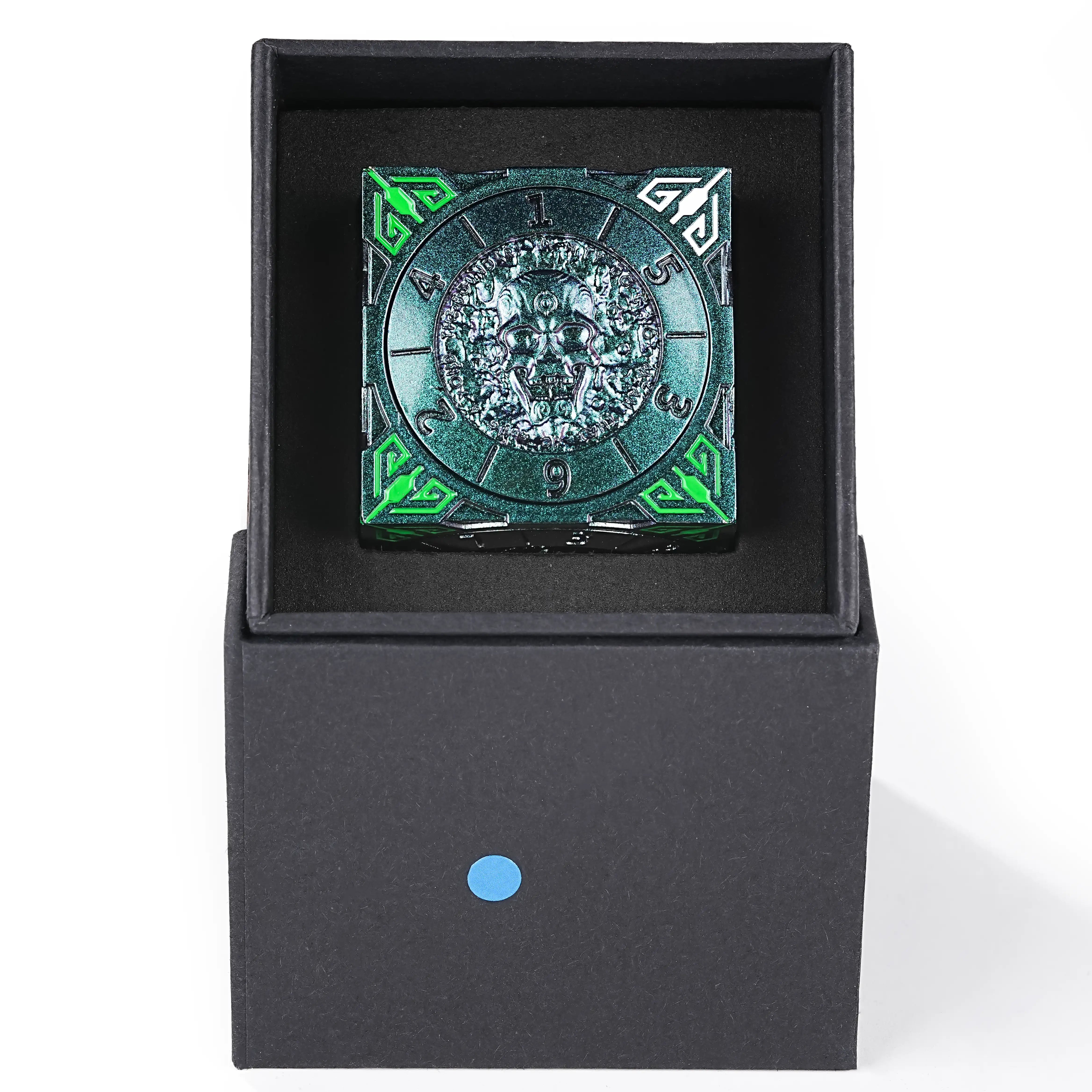 Cool purple and green 7 in 1 metal solid cube six-sided round spinning roulette dice + dice box | Bear Dice