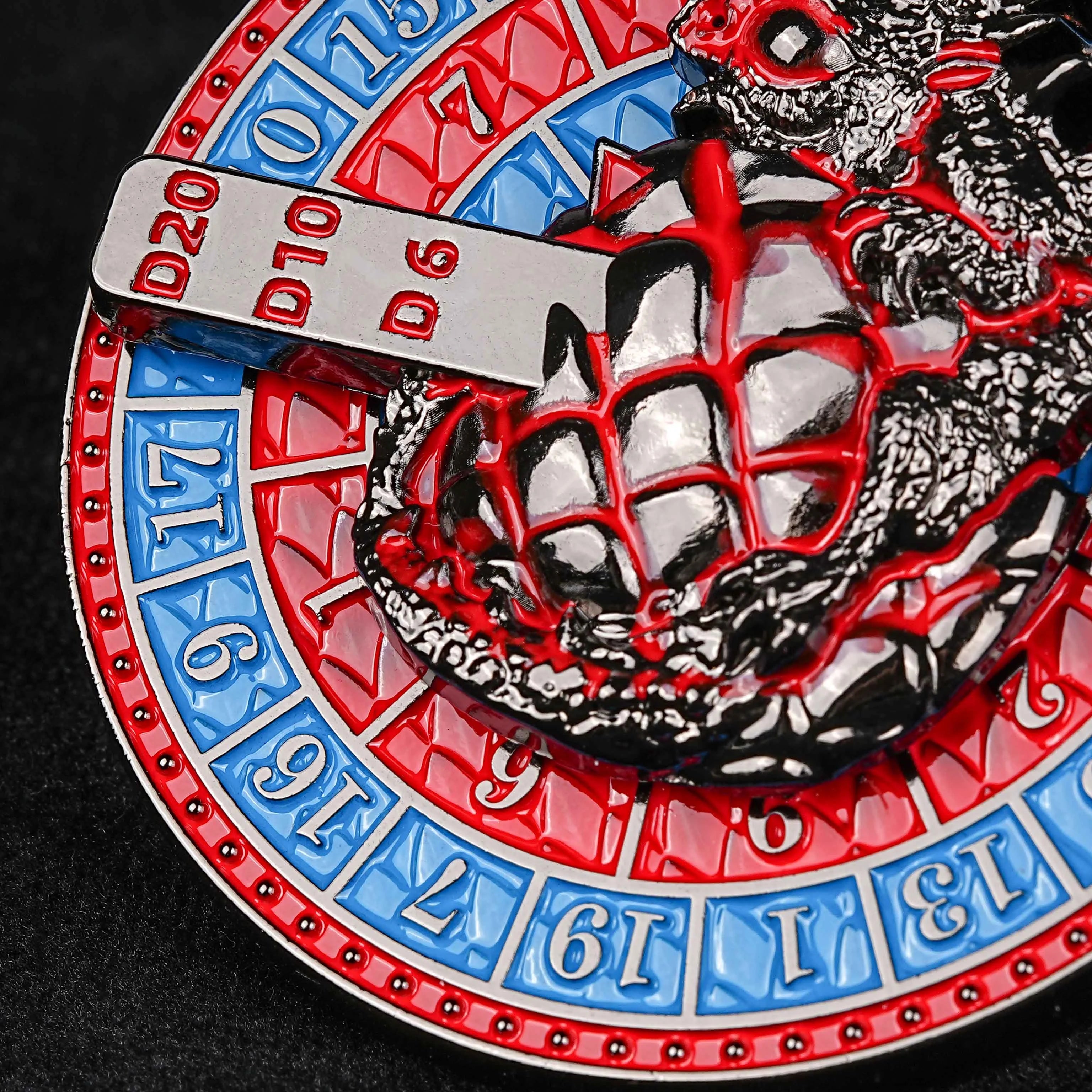 Unique Metal Dice Spinner Dragon Egg Red and Blue Fidget Spinner Dice details - D20, D10, D6 | Bear Dice