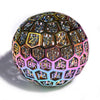 Laser-processed purple, blue, and yellow gradient metal hollow DND D100 dice, 50mm, with 3D dragon heads engraved on all 100 faces | Bear dice