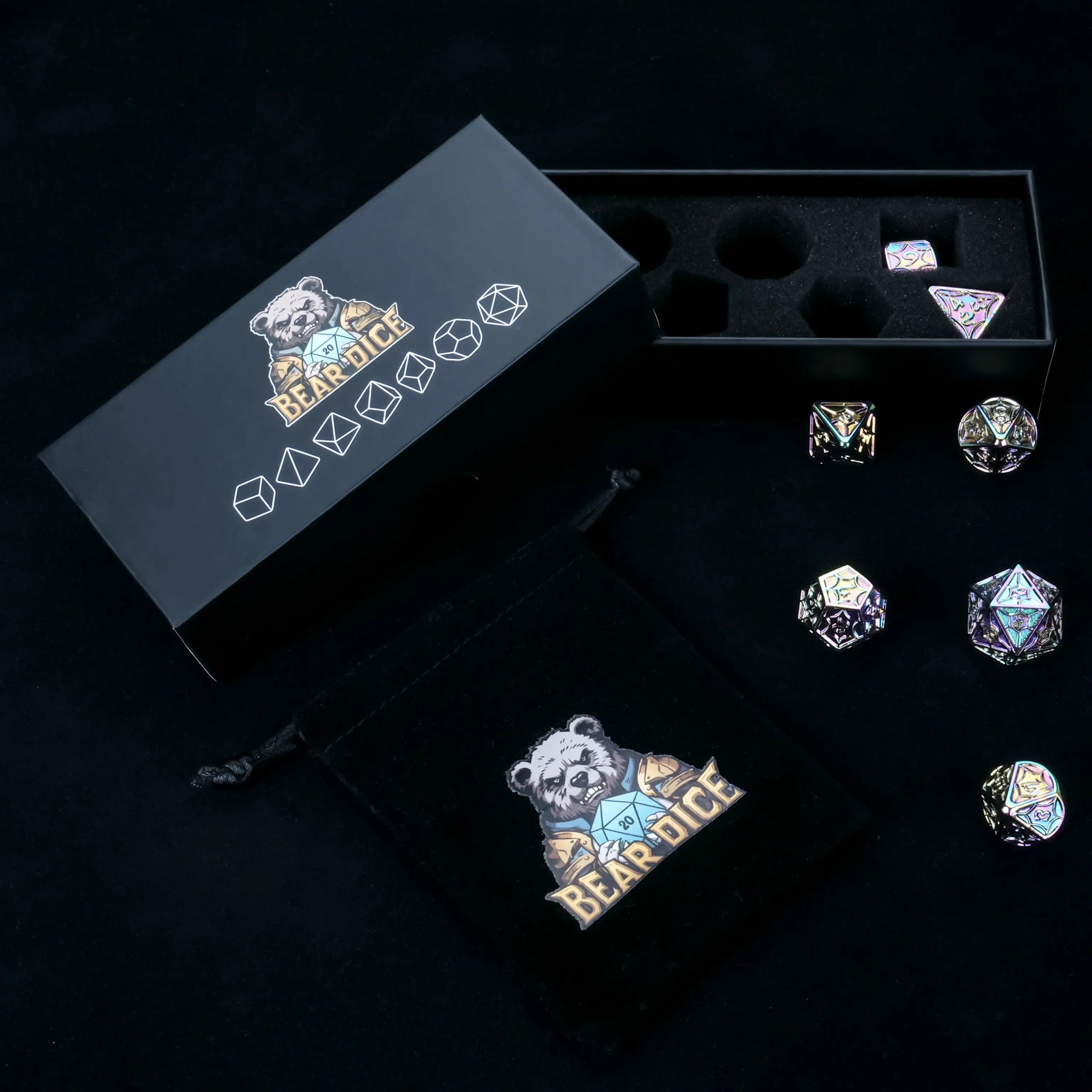 Metallic StarCraft DND dice set with a black foam-lined dice case and a black velvet drawstring dice bag | Bear Dice