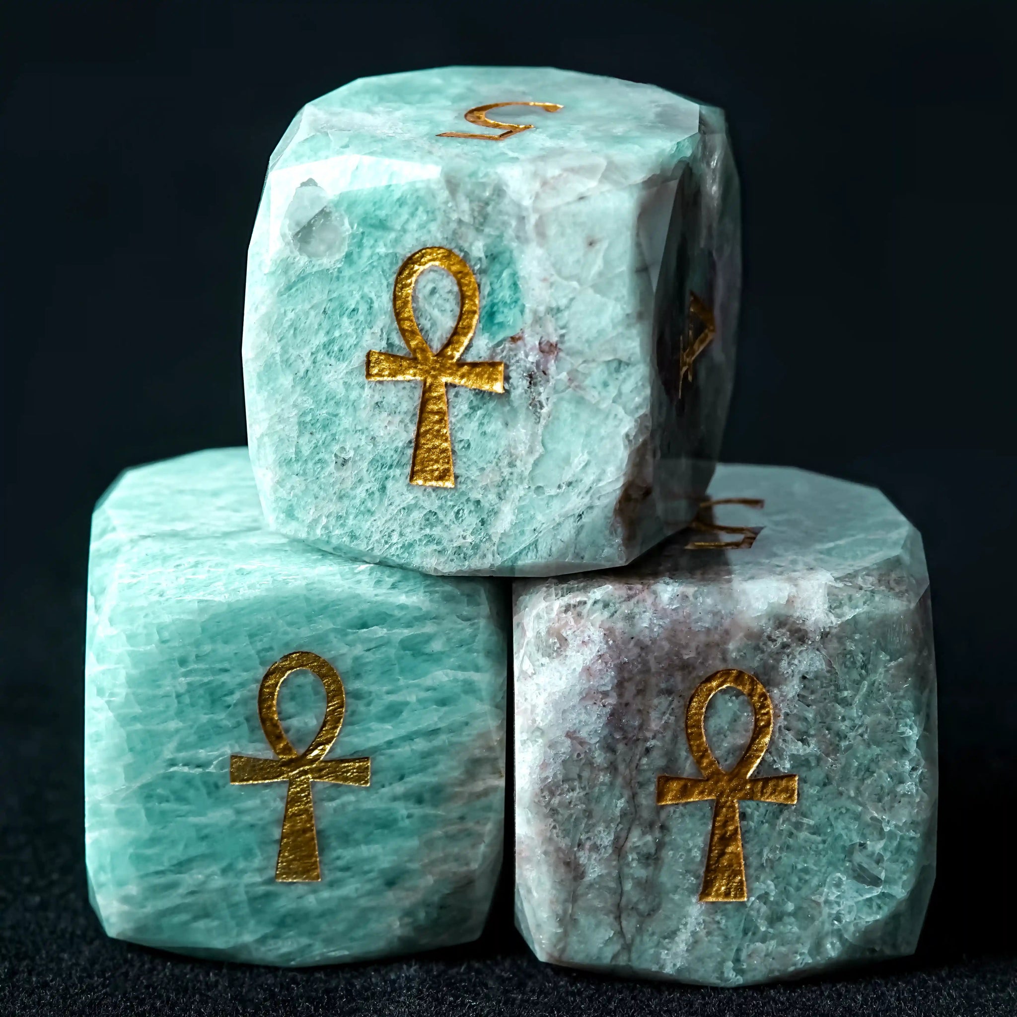 Kickstarter Dice - Natural Amazonite DND D6 Dice, engraved with the Key of Life pattern | Bear Dice