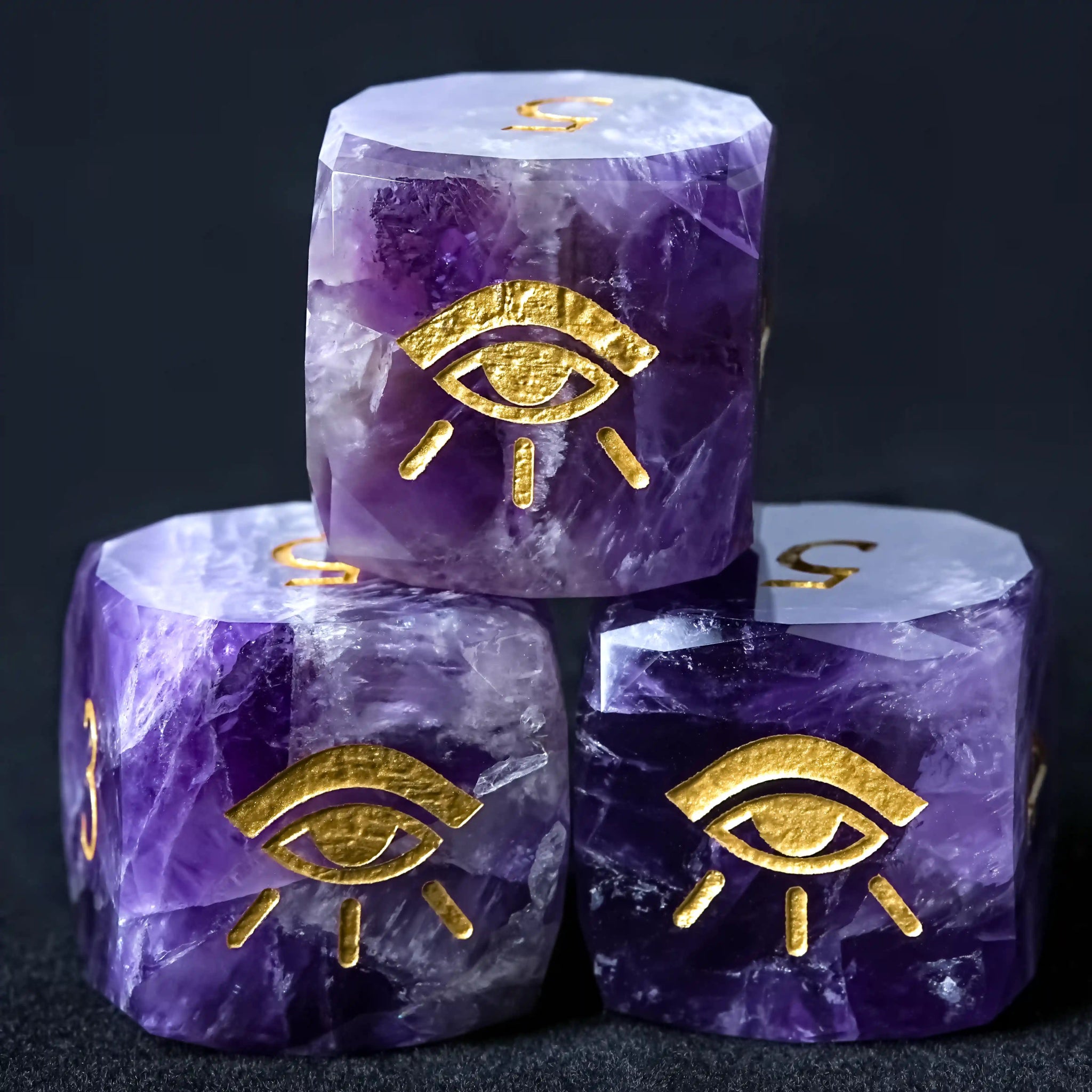 Kickstarter Dice - Natural Amethyst DND D6 Dice Engraved with the All-Seeing Eye Pattern | Bear Dice