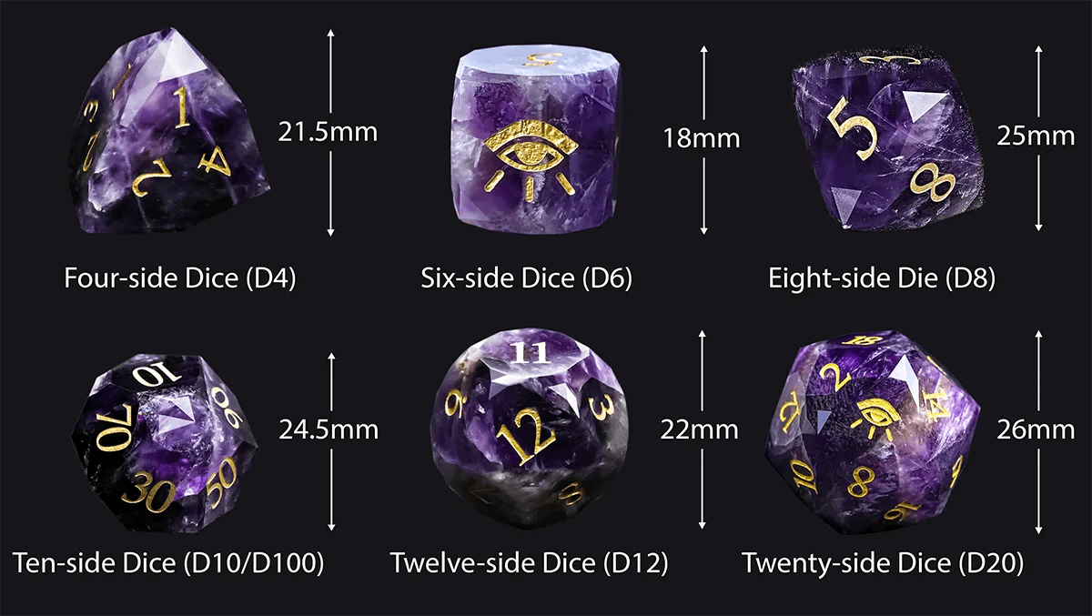 Natural Amethyst DND Dice Set with All-Seeing Eye Design Sizes: D4≈21.5 mm; D6≈18 mm; D8≈25 mm; D10/D%≈24.5 mm; D12≈22 mm; D20≈26 mm | Bear Dice